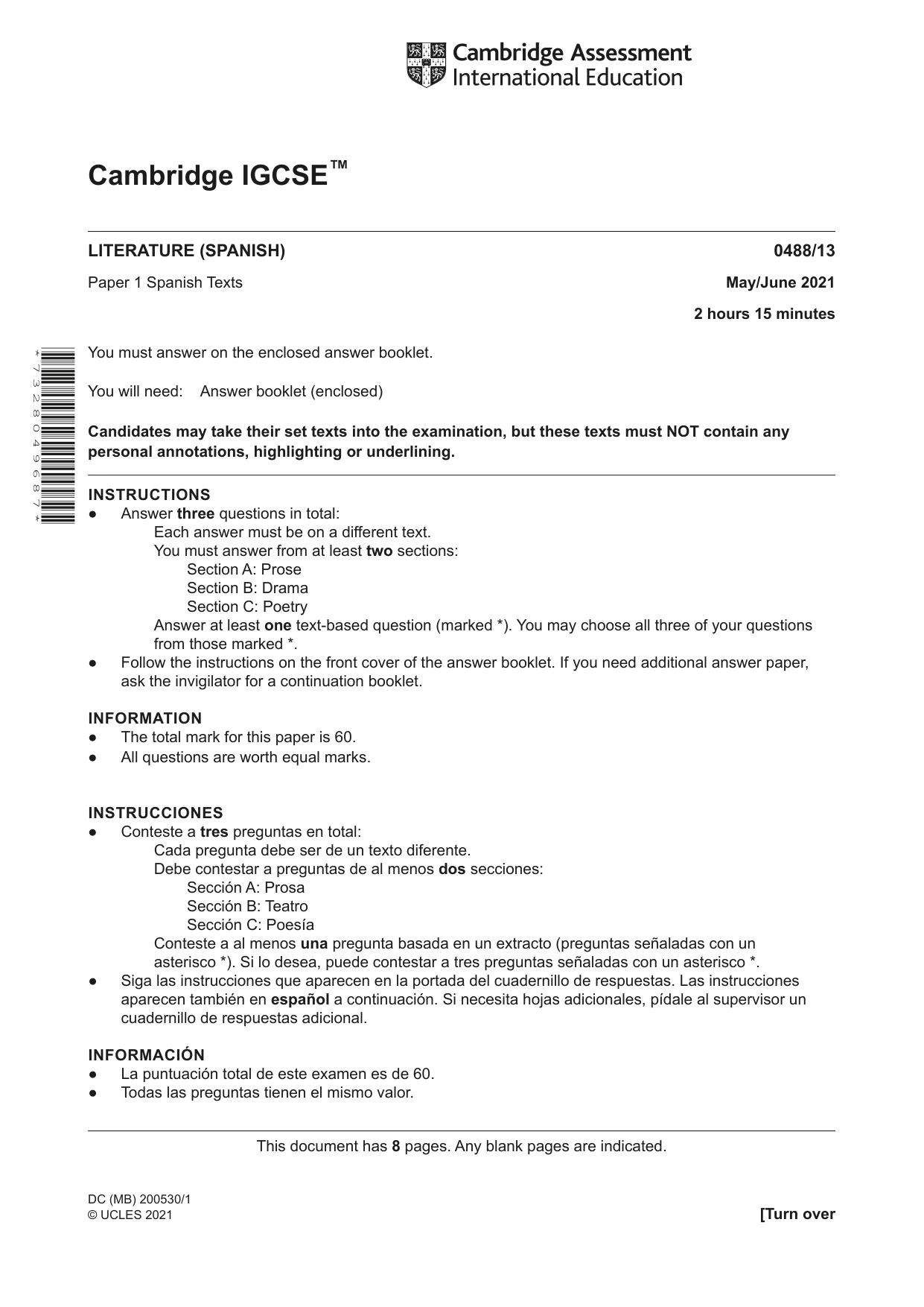 Cambridge IGCSE Spanish - Literature 0488 2021 May/June Paper 1 · Variant 3 question paper, page 1 of 8