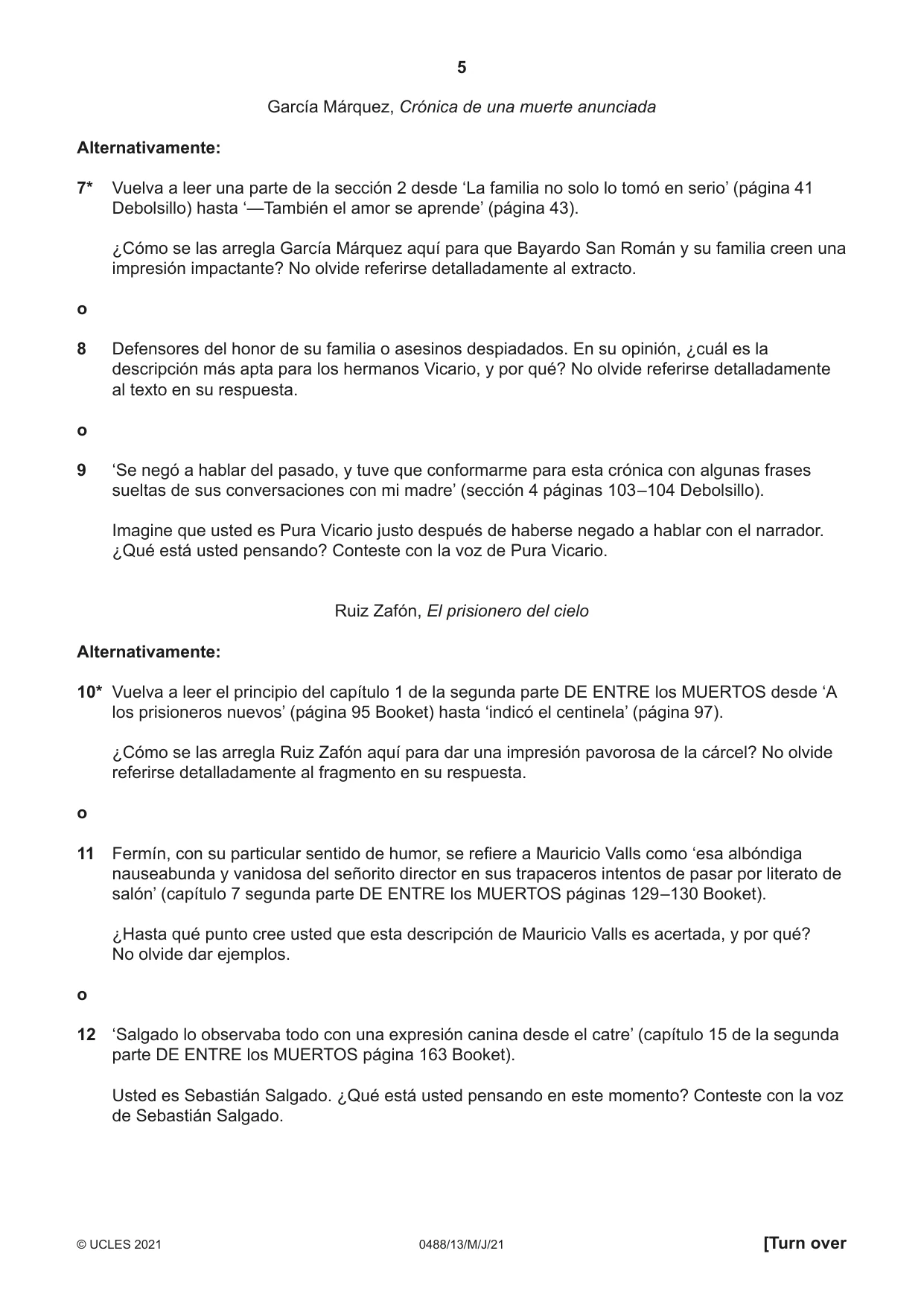 Cambridge IGCSE Spanish - Literature 0488 2021 May/June Paper 1 · Variant 3 question paper, page 5 of 8