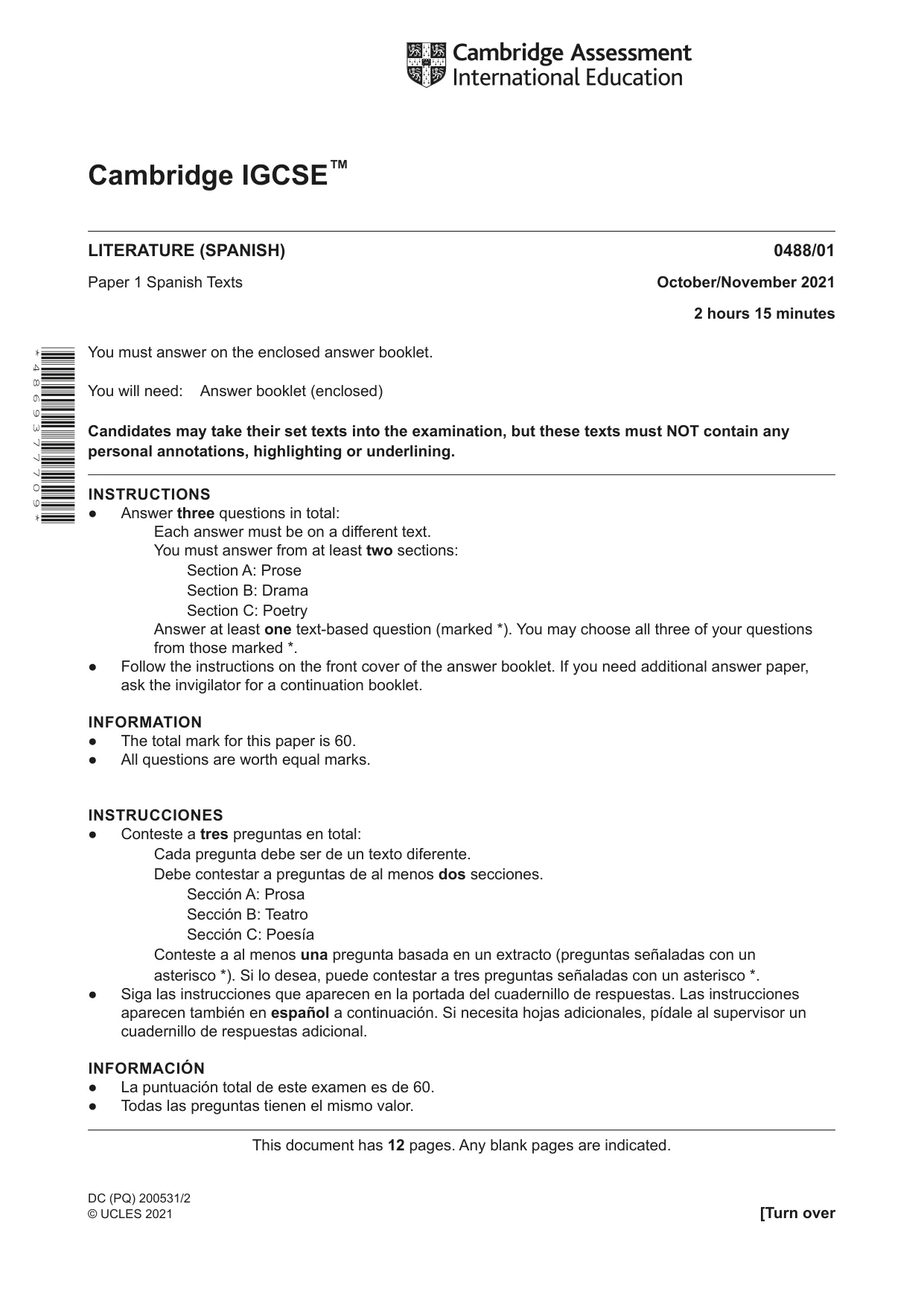 Cambridge IGCSE Spanish - Literature 0488 2021 Oct/Nov Paper 1 · Variant 0 question paper, page 1 of 12