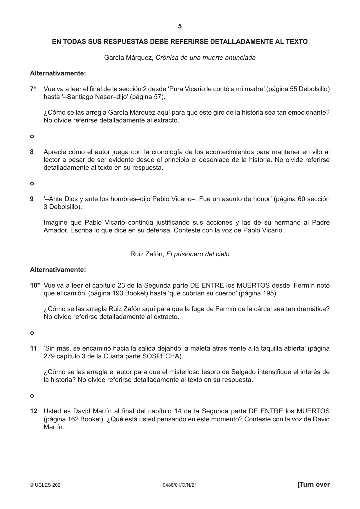 Cambridge IGCSE Spanish - Literature 0488 2021 Oct/Nov Paper 1 · Variant 0 question paper, page 5 of 12