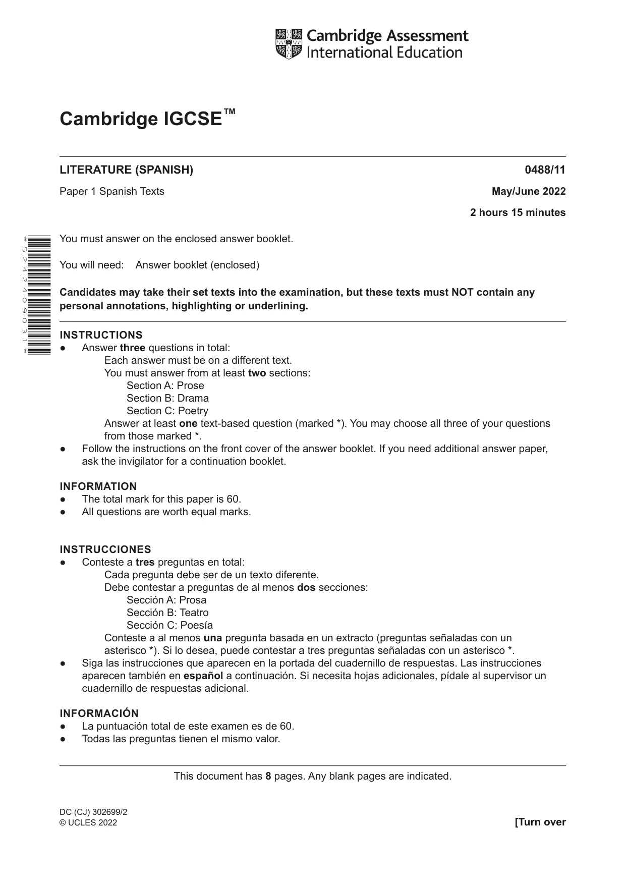 Cambridge IGCSE Spanish - Literature 0488 2022 May/June Paper 1 · Variant 1 question paper, page 1 of 8