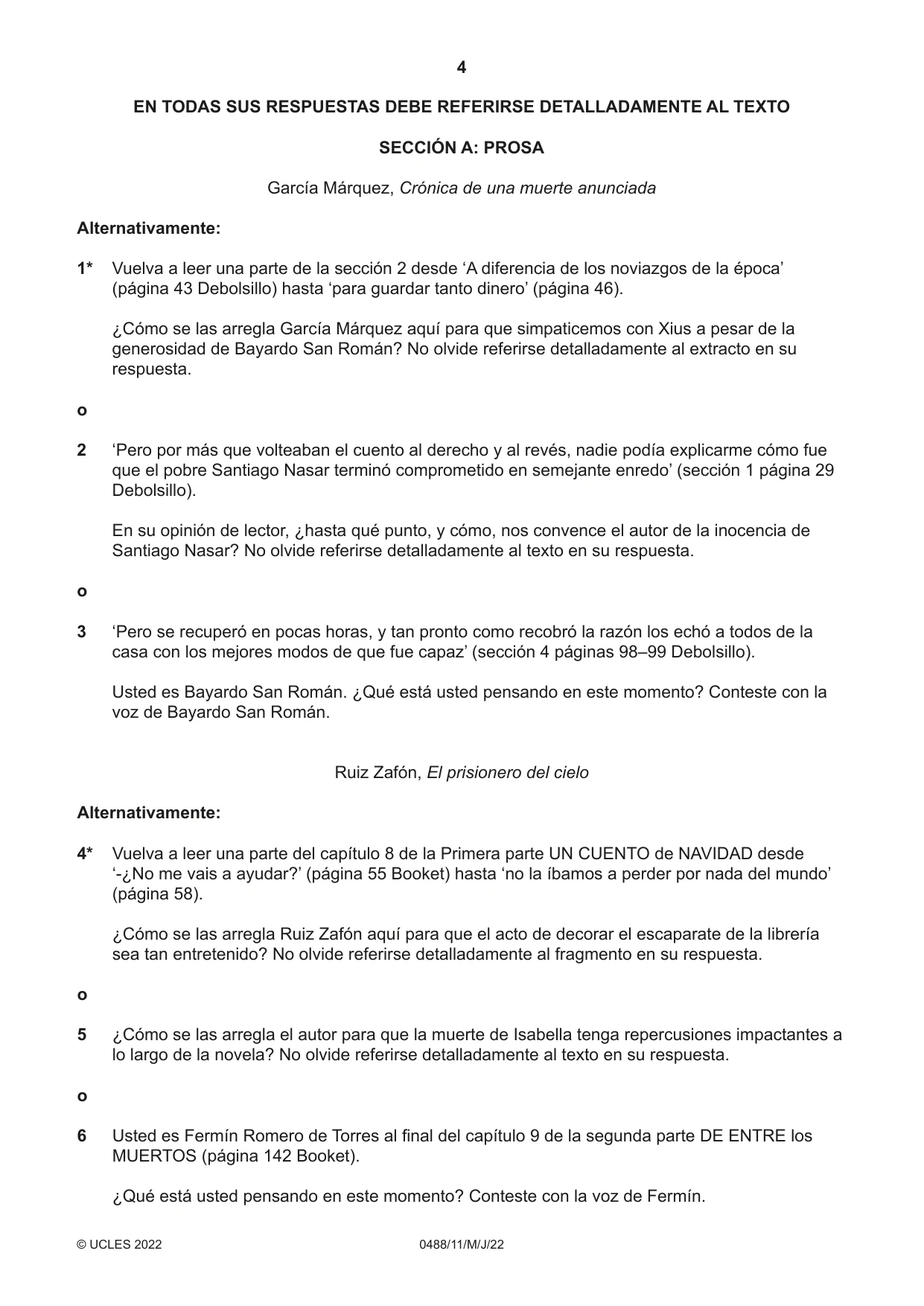 Cambridge IGCSE Spanish - Literature 0488 2022 May/June Paper 1 · Variant 1 question paper, page 4 of 8