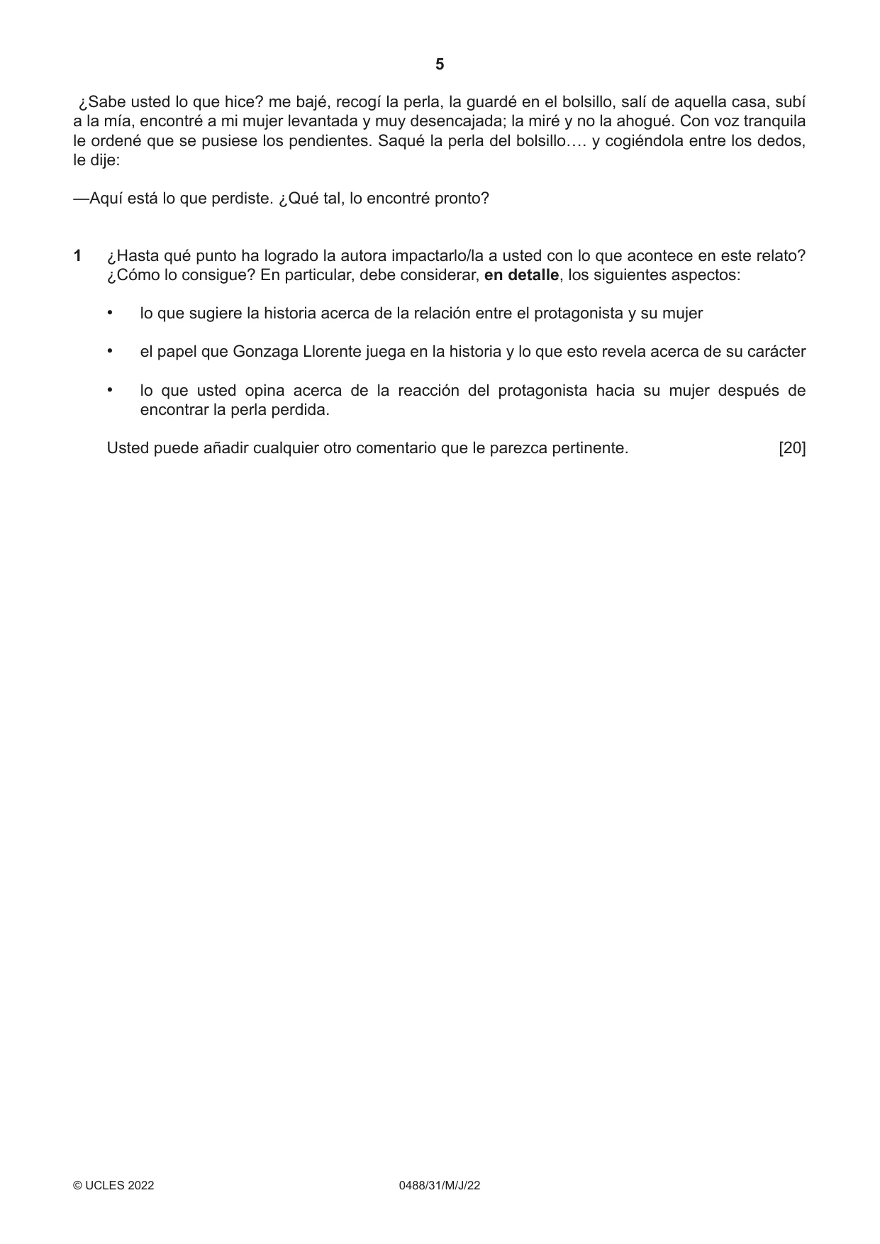 Cambridge IGCSE Spanish - Literature 0488 2022 May/June Paper 3 · Variant 1 question paper, page 5 of 8