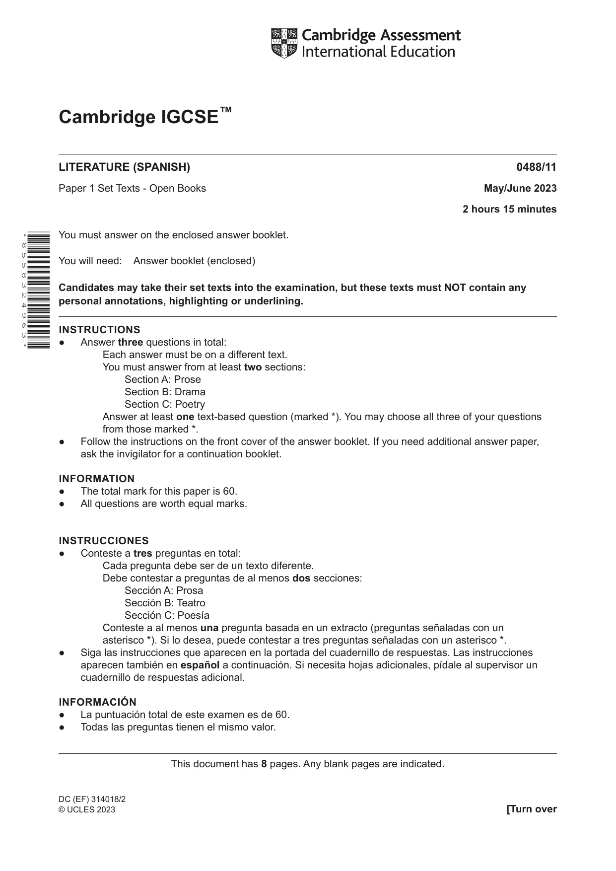 Cambridge IGCSE Spanish - Literature 0488 2023 May/June Paper 1 · Variant 1 question paper, page 1 of 8