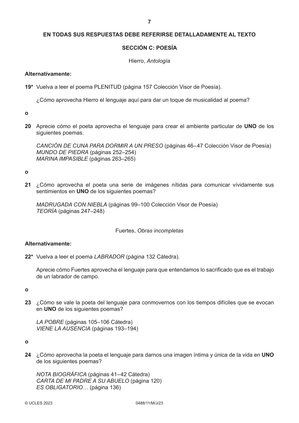Cambridge IGCSE Spanish - Literature 0488 2023 May/June Paper 1 · Variant 1 question paper, page 7 of 8