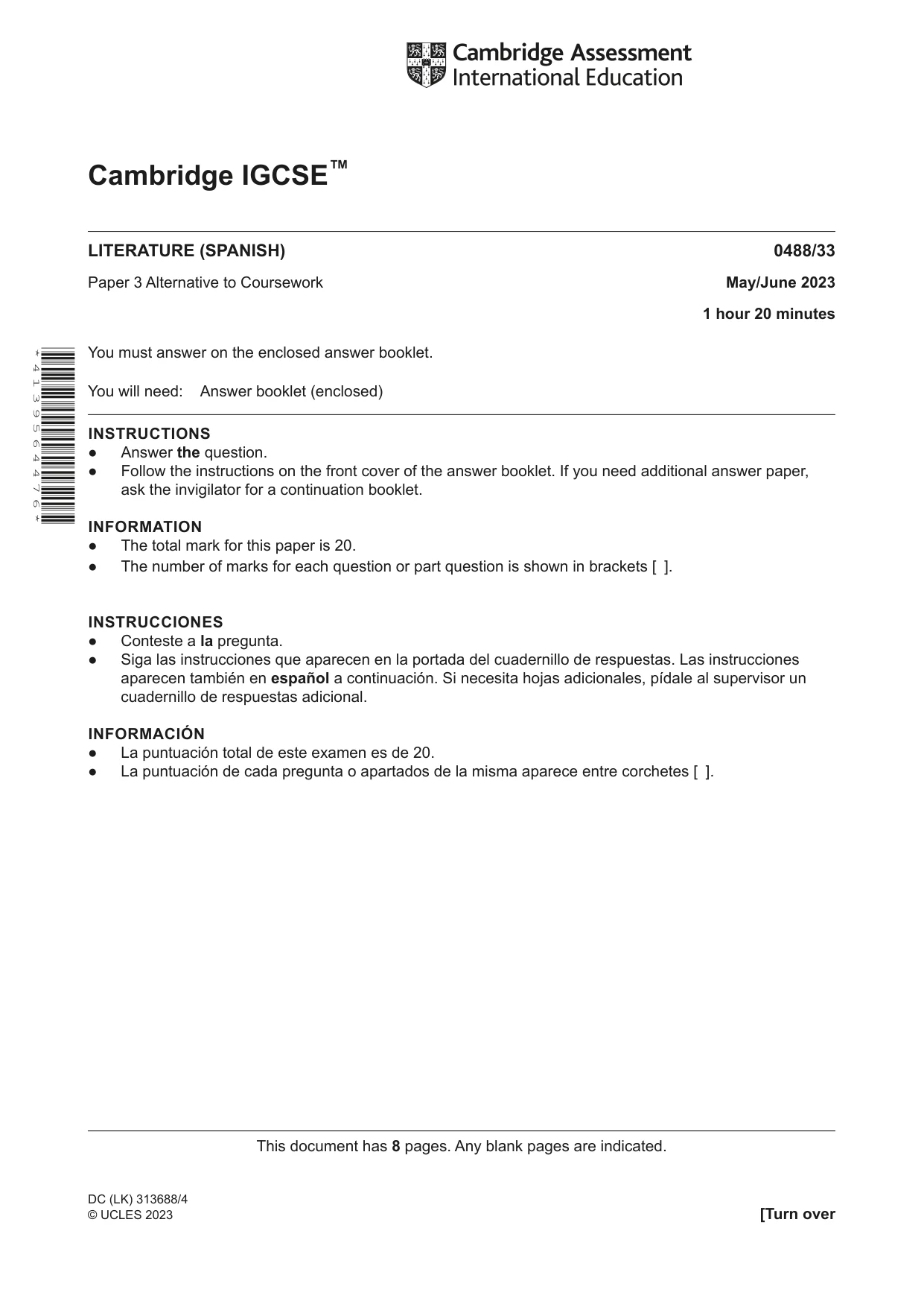 Cambridge IGCSE Spanish - Literature 0488 2023 May/June Paper 3 · Variant 3 question paper, page 1 of 8