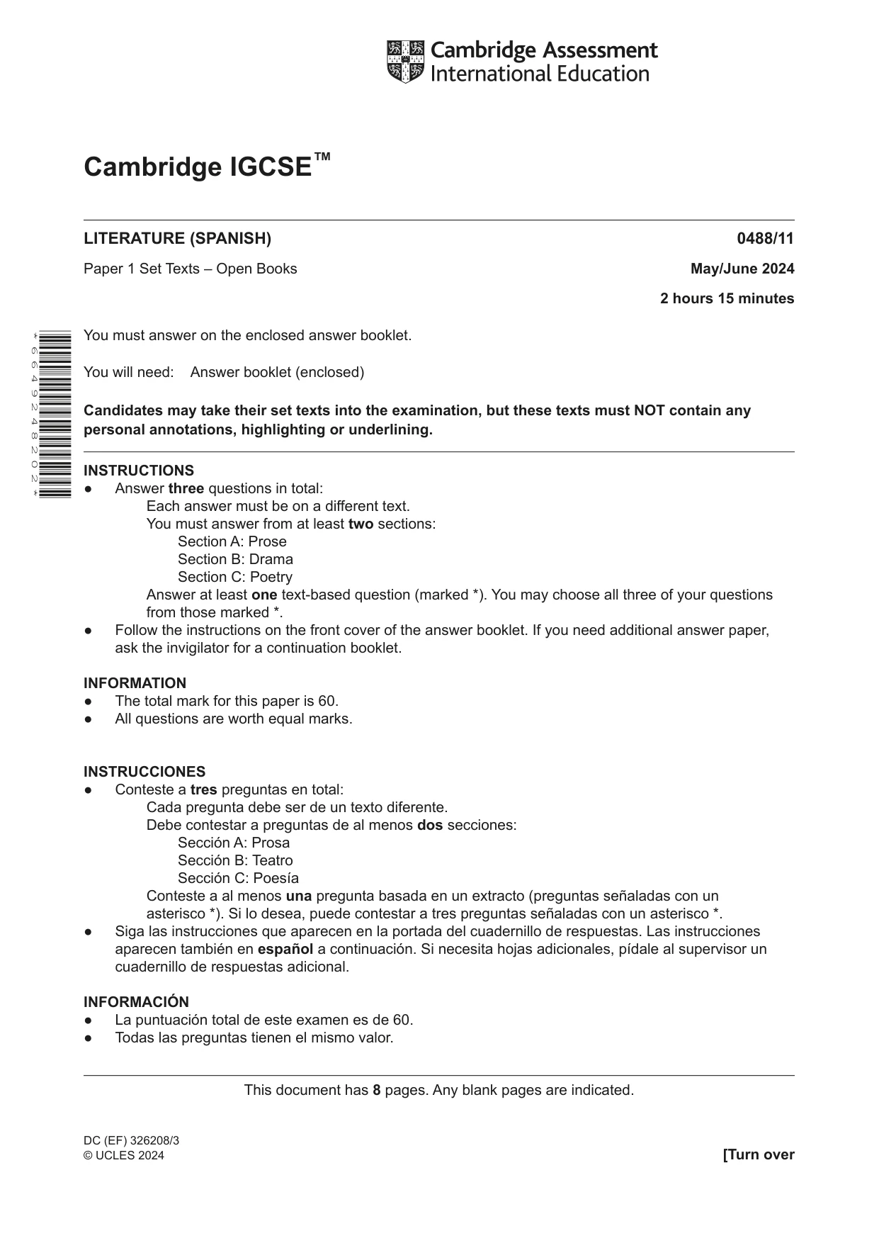 Cambridge IGCSE Spanish - Literature 0488 2024 May/June Paper 1 · Variant 1 question paper, page 1 of 8