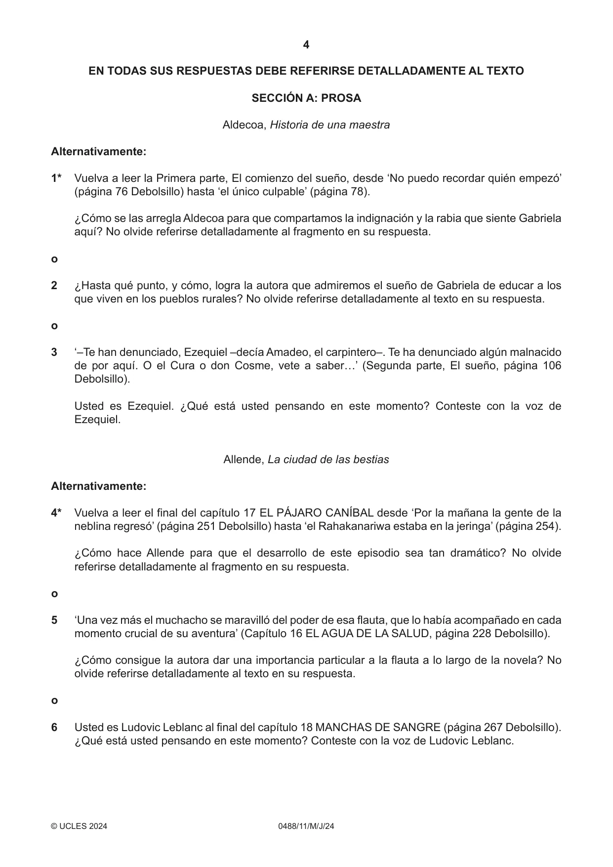 Cambridge IGCSE Spanish - Literature 0488 2024 May/June Paper 1 · Variant 1 question paper, page 4 of 8
