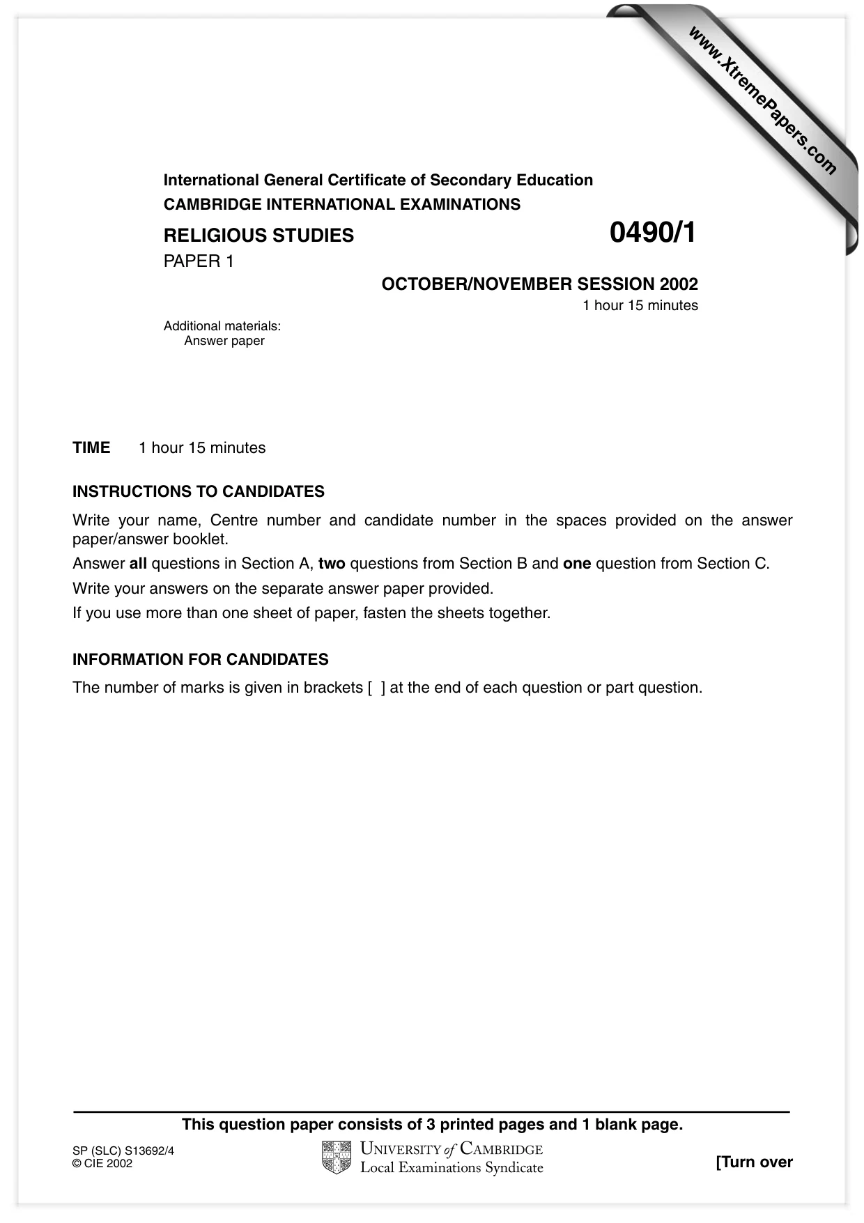 Cambridge IGCSE Religious Studies 0490 2002 Oct/Nov Paper 1 · Variant 1 question paper, page 1 of 4