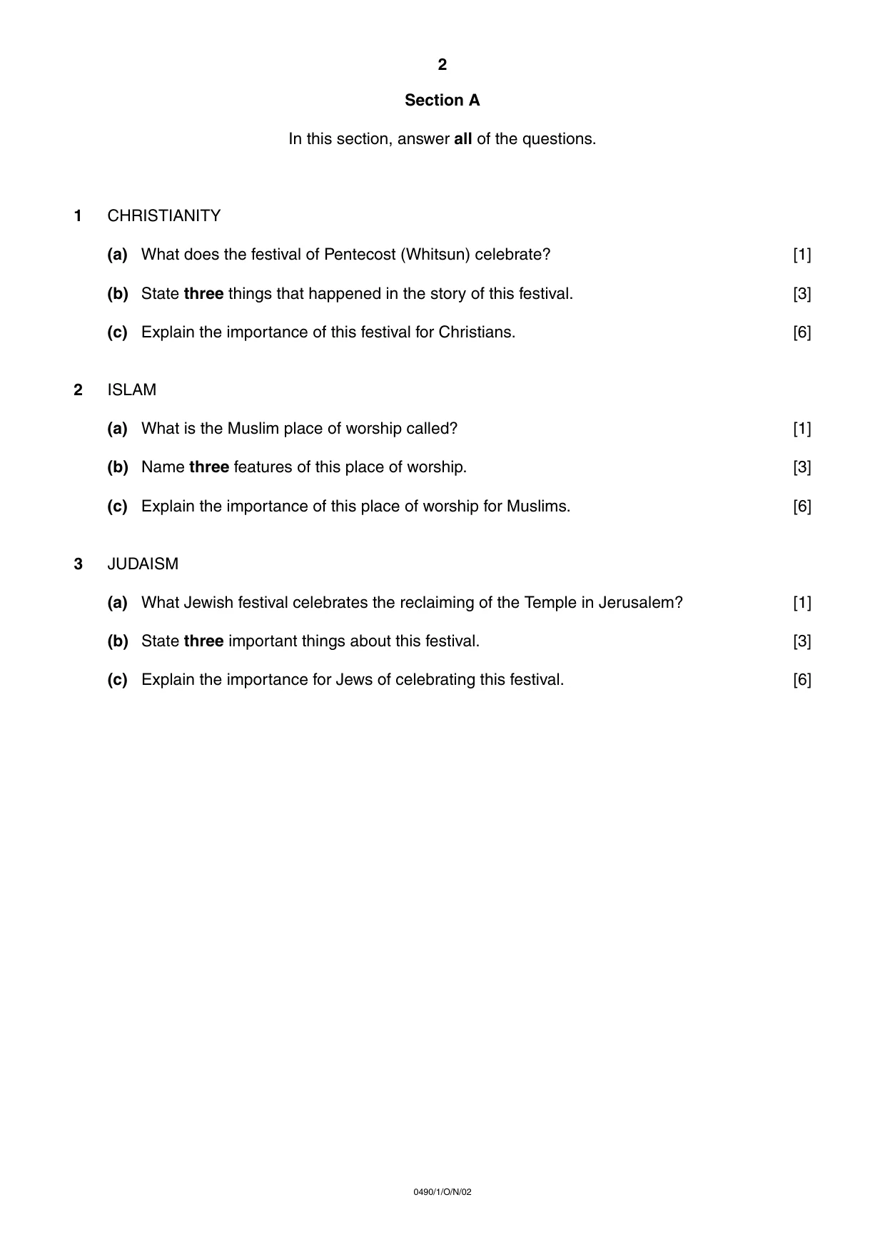 Cambridge IGCSE Religious Studies 0490 2002 Oct/Nov Paper 1 · Variant 1 question paper, page 2 of 4