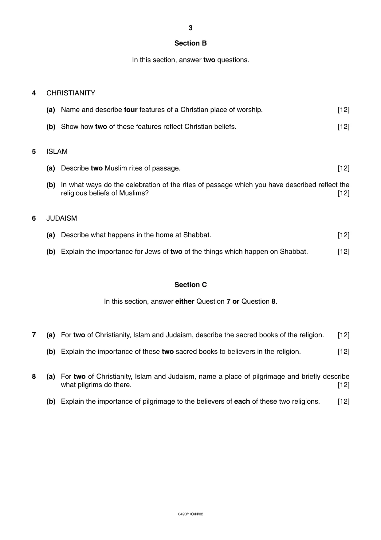 Cambridge IGCSE Religious Studies 0490 2002 Oct/Nov Paper 1 · Variant 1 question paper, page 3 of 4