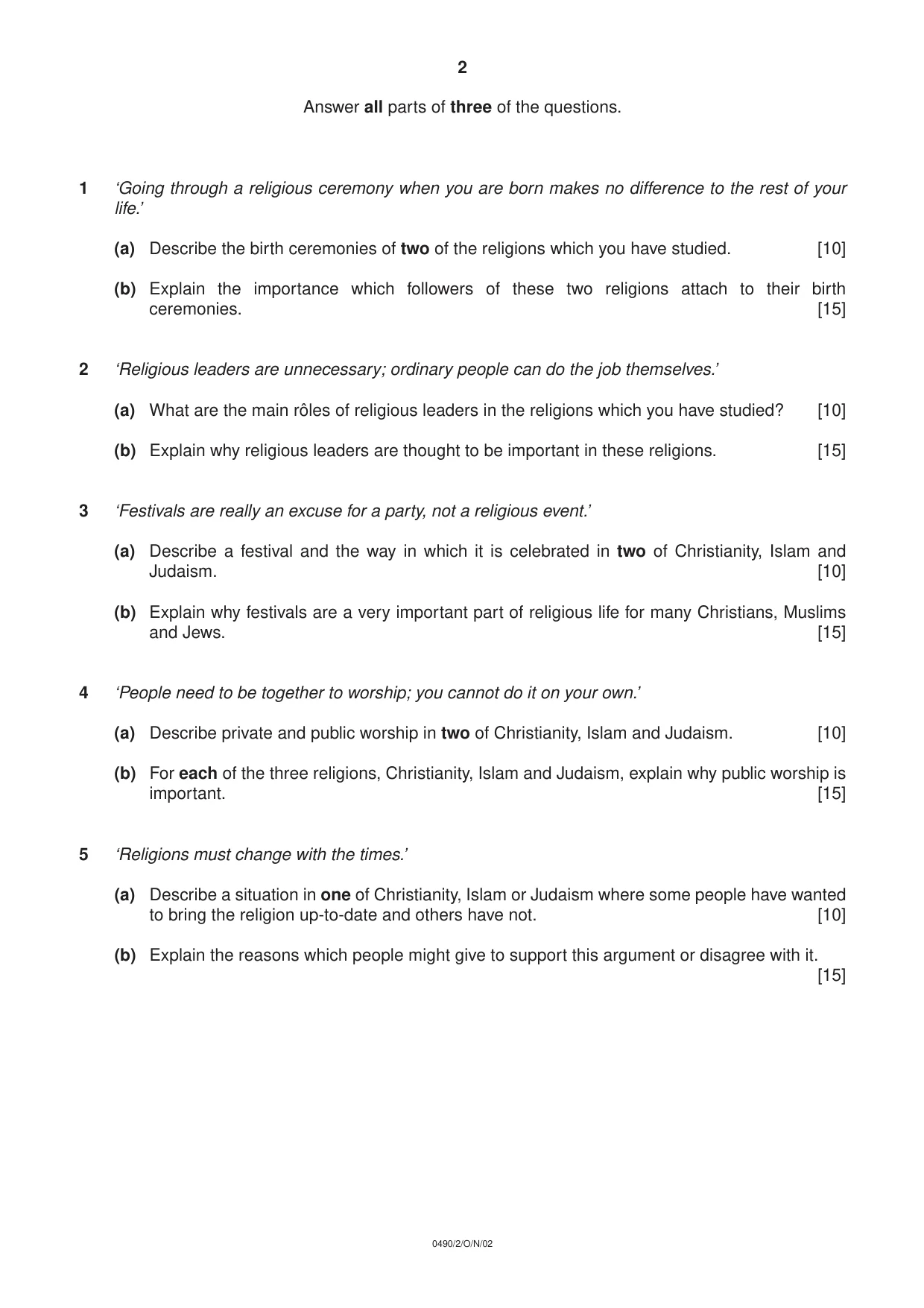 Cambridge IGCSE Religious Studies 0490 2002 Oct/Nov Paper 2 · Variant 1 question paper, page 2 of 2