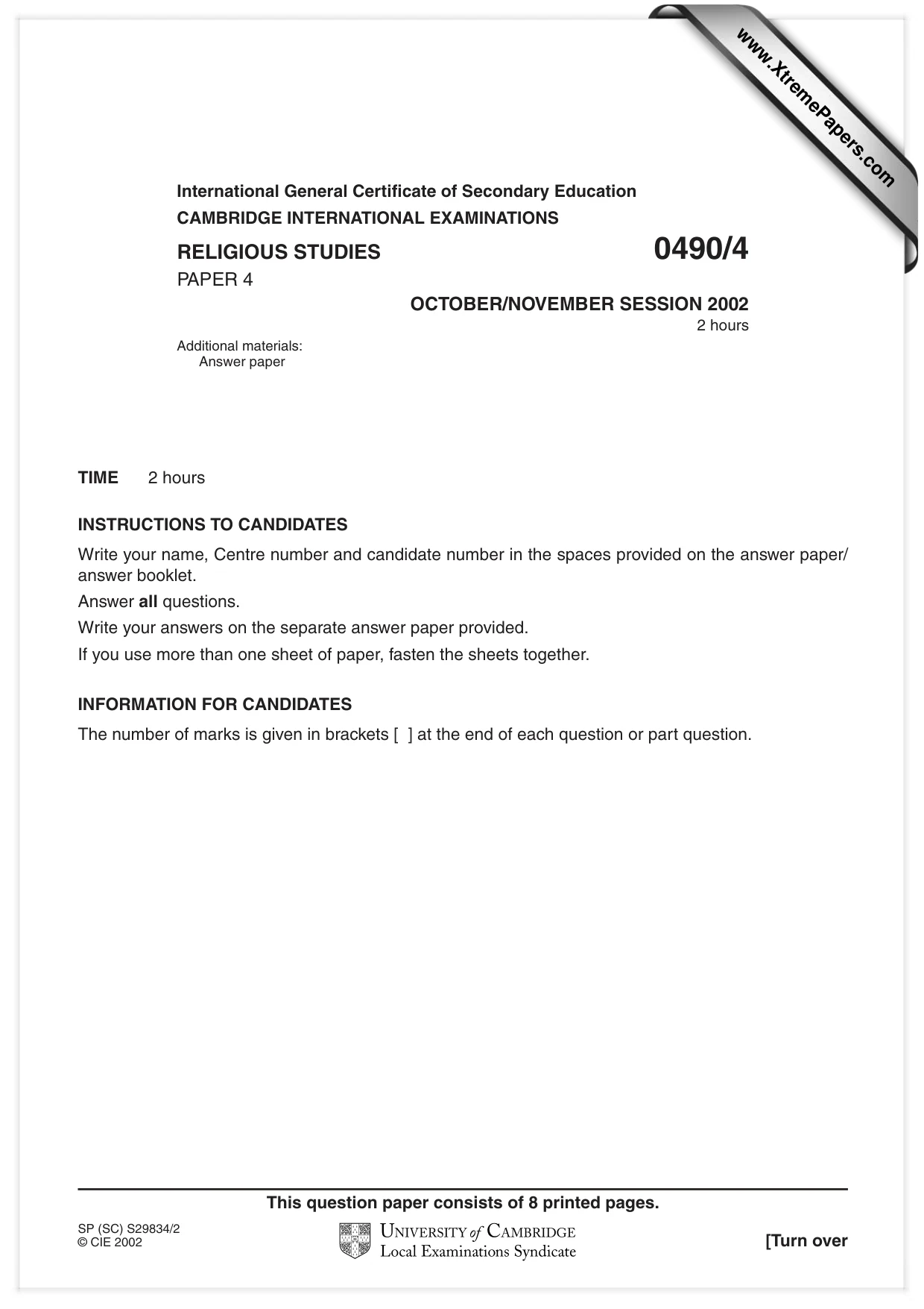 Cambridge IGCSE Religious Studies 0490 2002 Oct/Nov Paper 4 · Variant 1 question paper, page 1 of 8