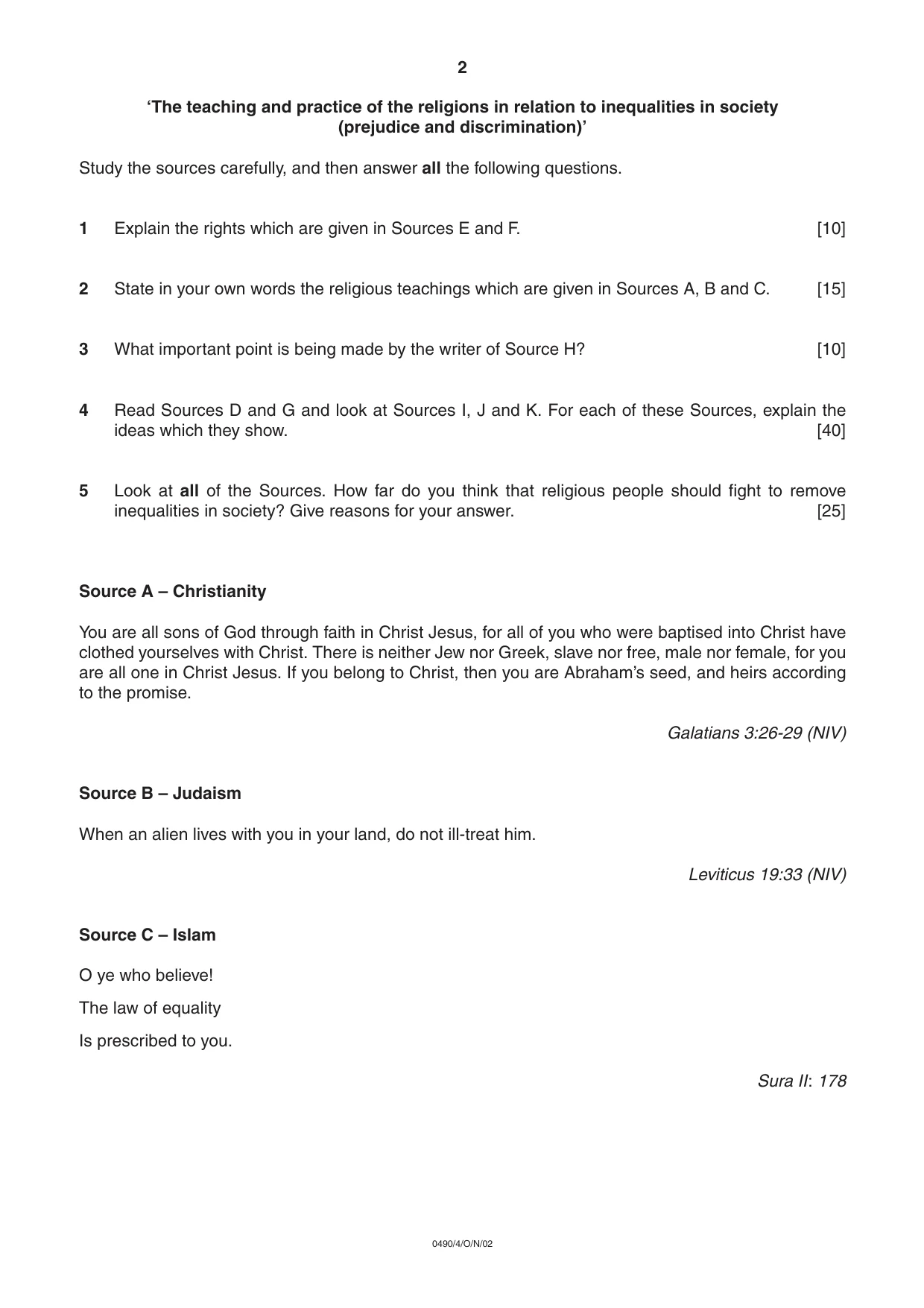 Cambridge IGCSE Religious Studies 0490 2002 Oct/Nov Paper 4 · Variant 1 question paper, page 2 of 8