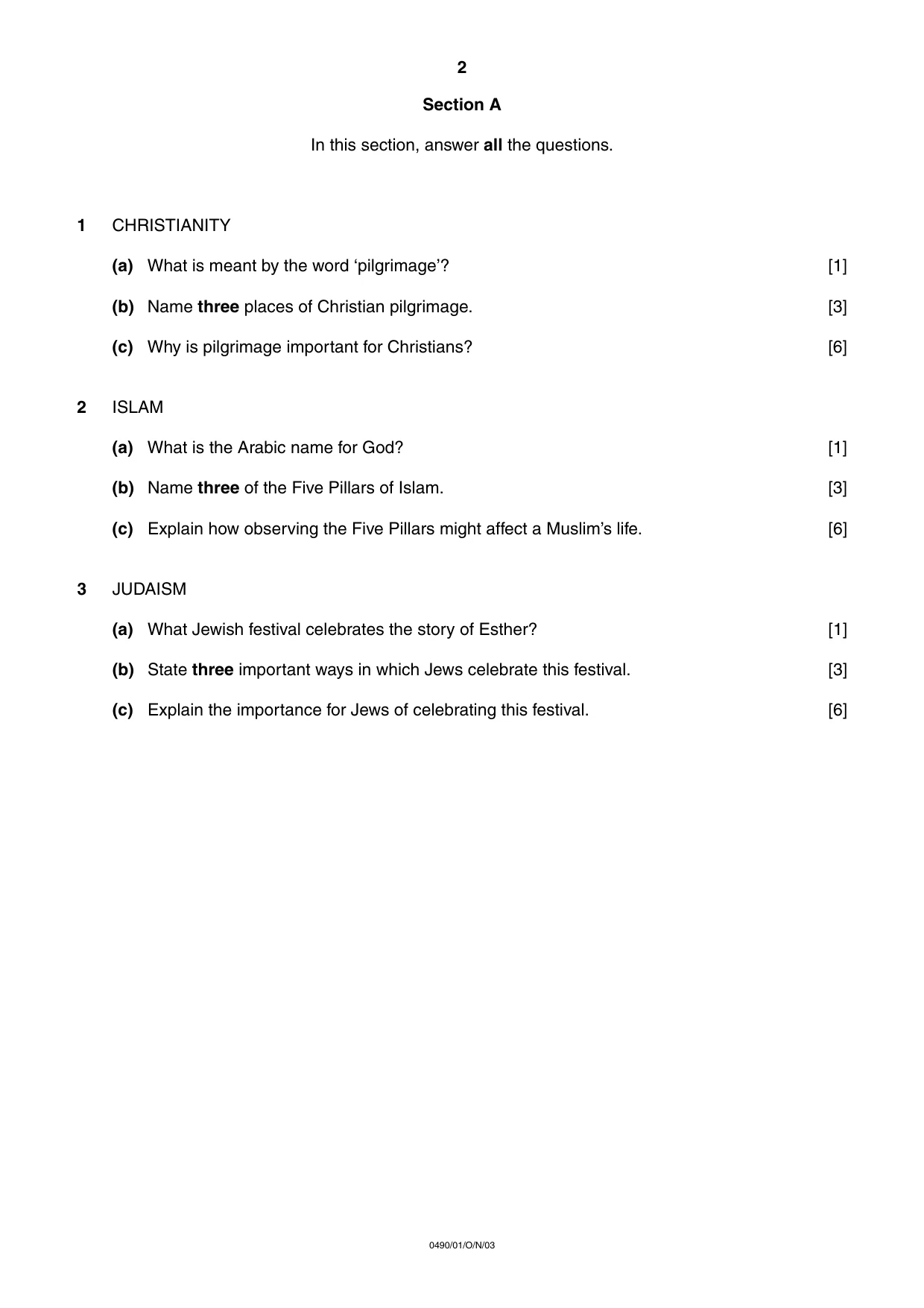 Cambridge IGCSE Religious Studies 0490 2003 Oct/Nov Paper 1 · Variant 1 question paper, page 2 of 4