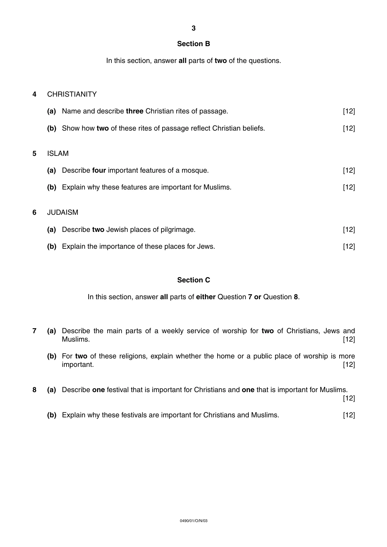 Cambridge IGCSE Religious Studies 0490 2003 Oct/Nov Paper 1 · Variant 1 question paper, page 3 of 4