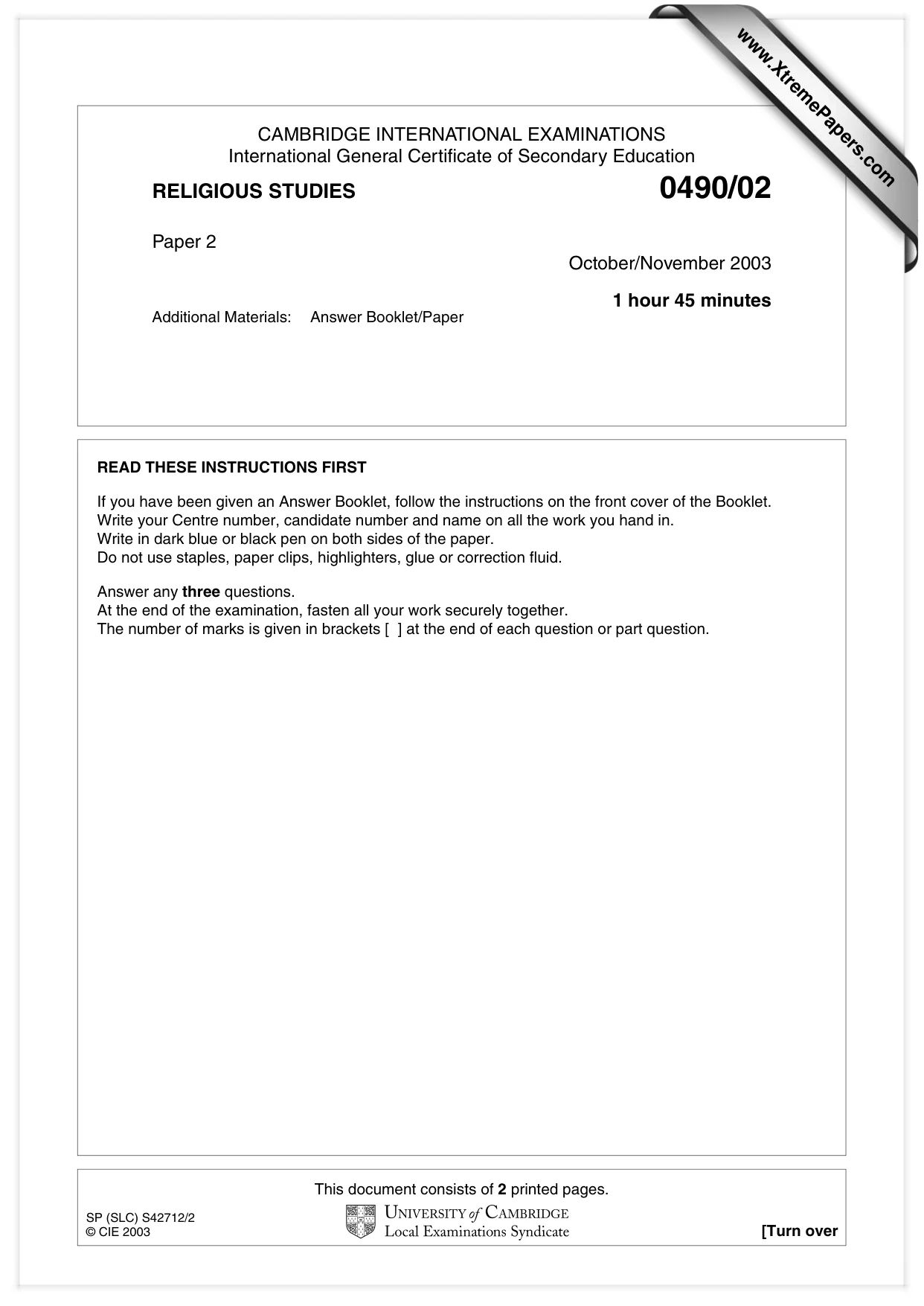 Cambridge IGCSE Religious Studies 0490 2003 Oct/Nov Paper 2 · Variant 1 question paper, page 1 of 2
