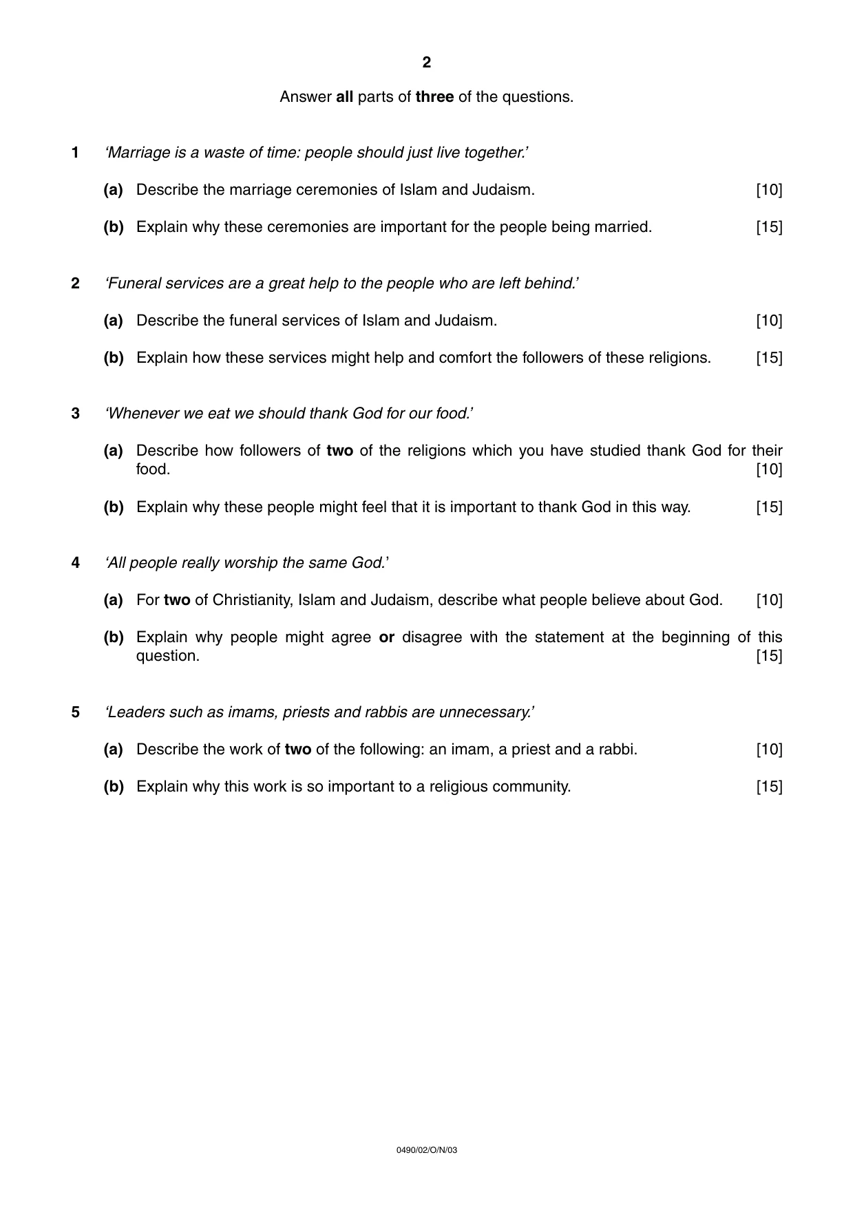 Cambridge IGCSE Religious Studies 0490 2003 Oct/Nov Paper 2 · Variant 1 question paper, page 2 of 2