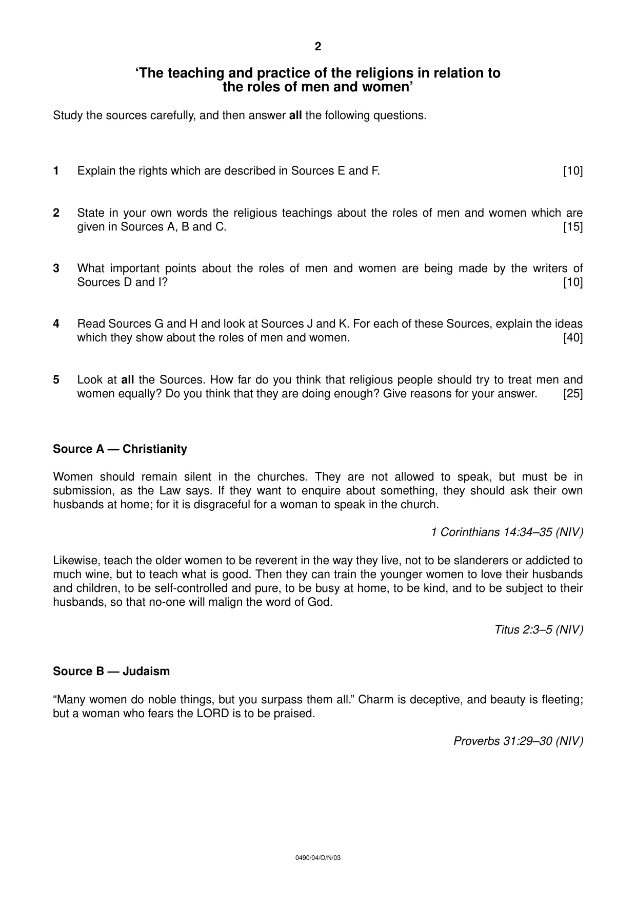Cambridge IGCSE Religious Studies 0490 2003 Oct/Nov Paper 4 · Variant 1 question paper, page 2 of 8