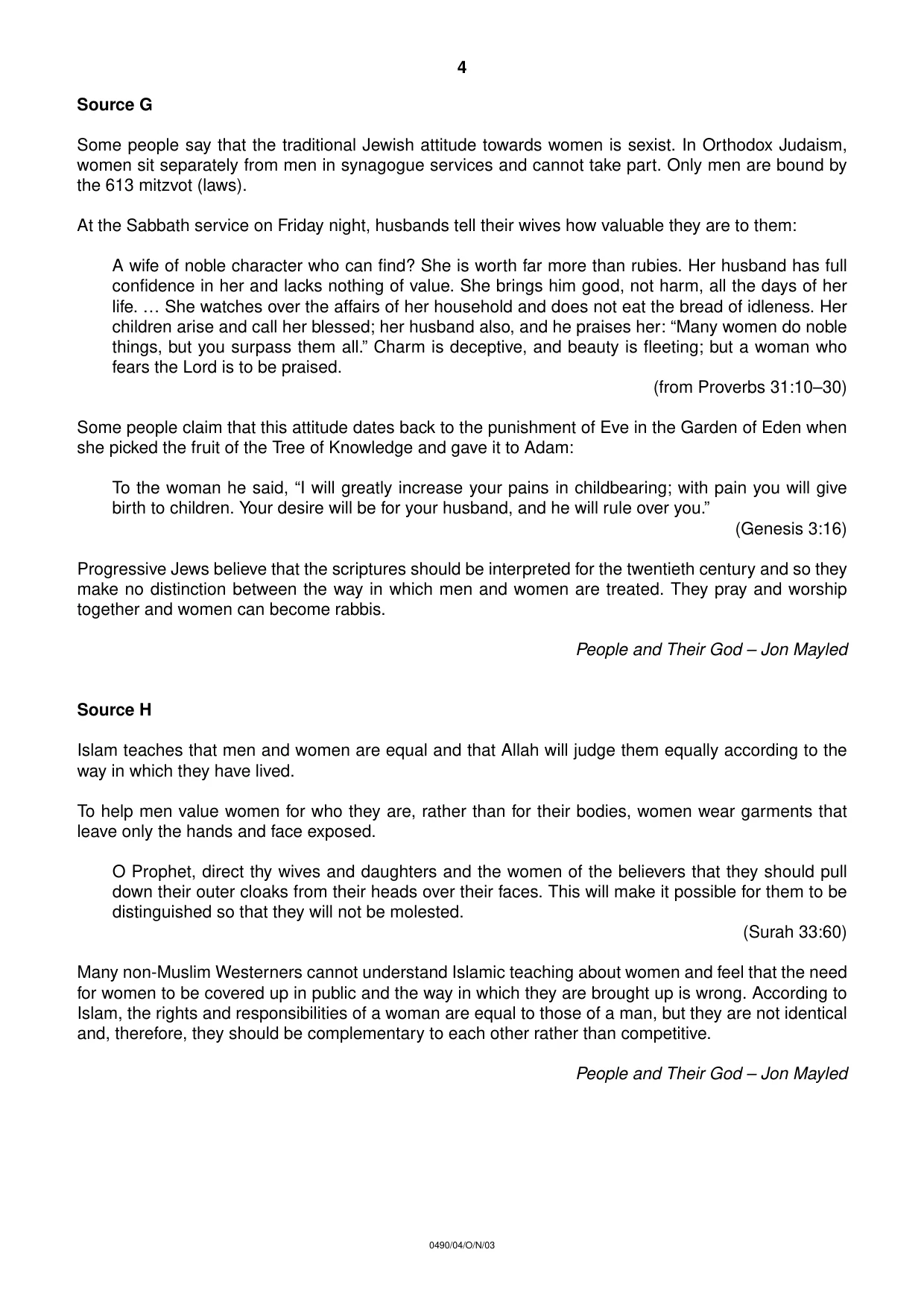 Cambridge IGCSE Religious Studies 0490 2003 Oct/Nov Paper 4 · Variant 1 question paper, page 4 of 8