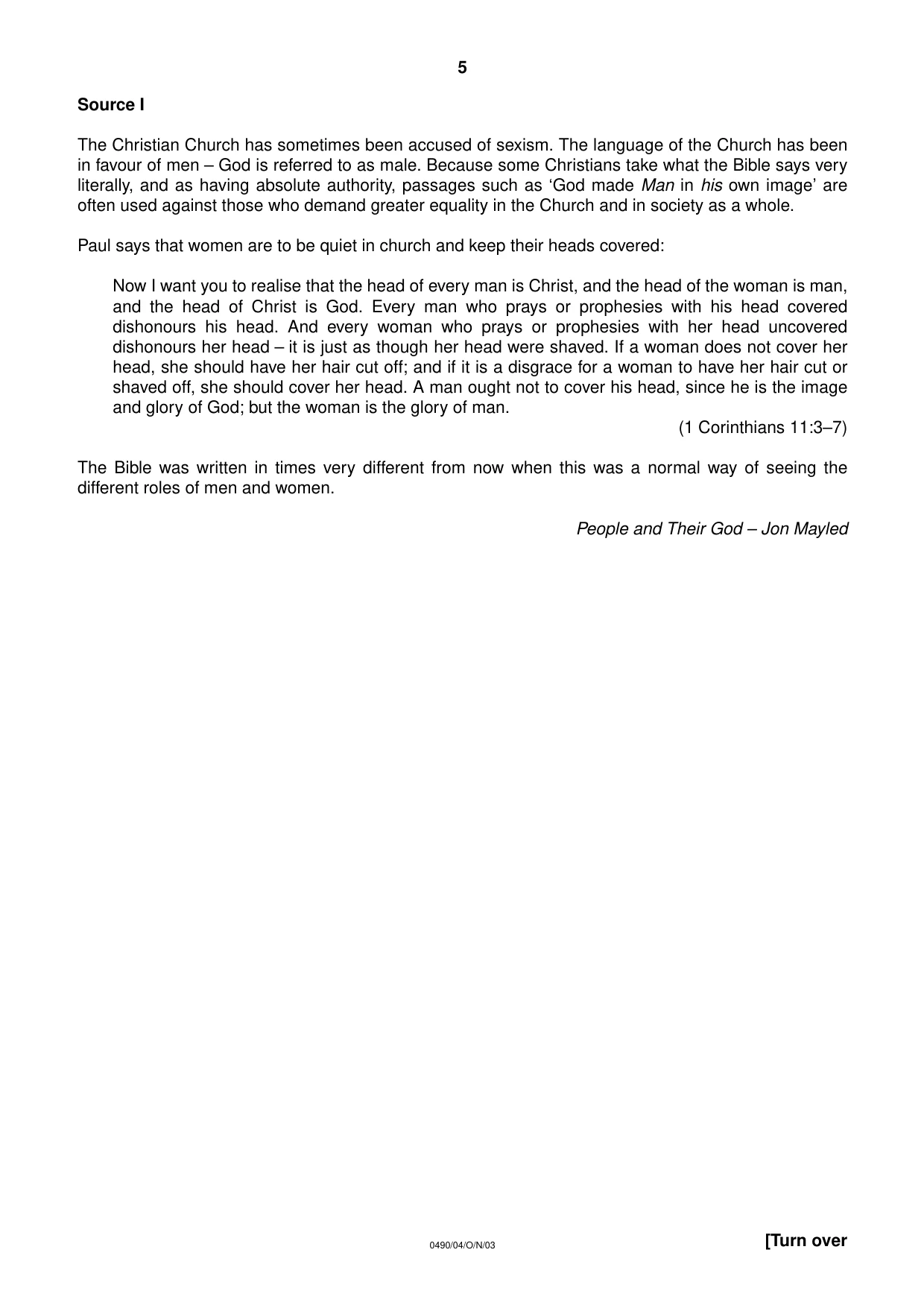 Cambridge IGCSE Religious Studies 0490 2003 Oct/Nov Paper 4 · Variant 1 question paper, page 5 of 8