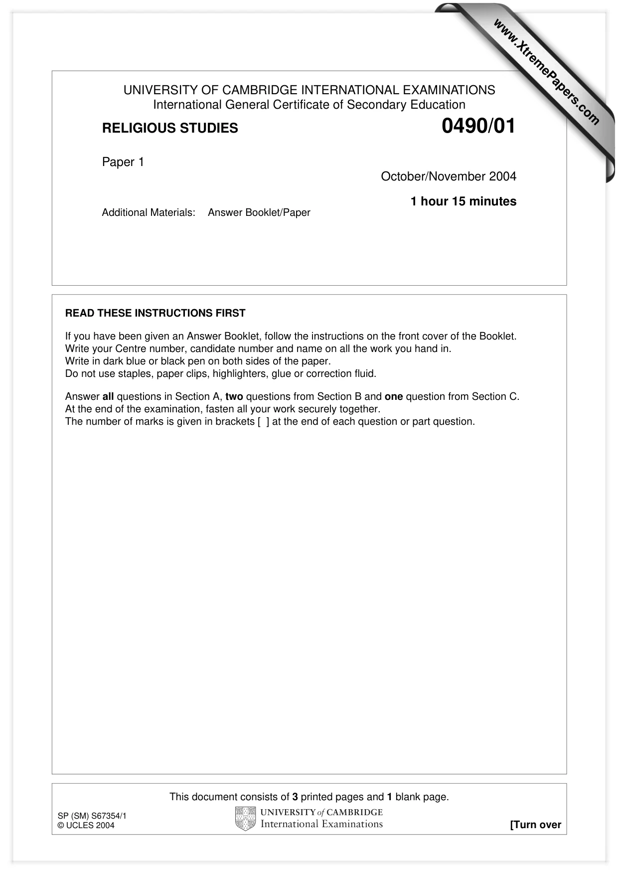 Cambridge IGCSE Religious Studies 0490 2004 Oct/Nov Paper 1 · Variant 1 question paper, page 1 of 4