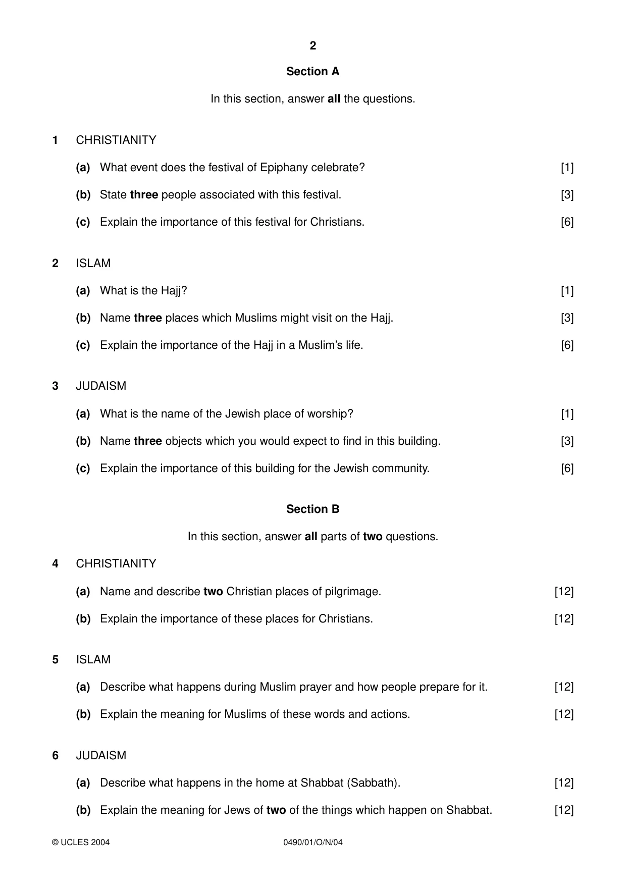 Cambridge IGCSE Religious Studies 0490 2004 Oct/Nov Paper 1 · Variant 1 question paper, page 2 of 4