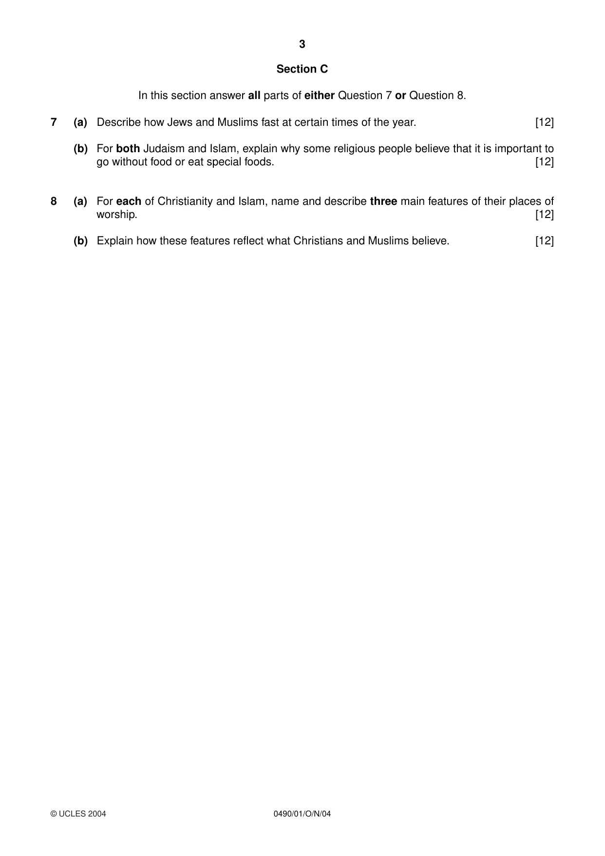 Cambridge IGCSE Religious Studies 0490 2004 Oct/Nov Paper 1 · Variant 1 question paper, page 3 of 4