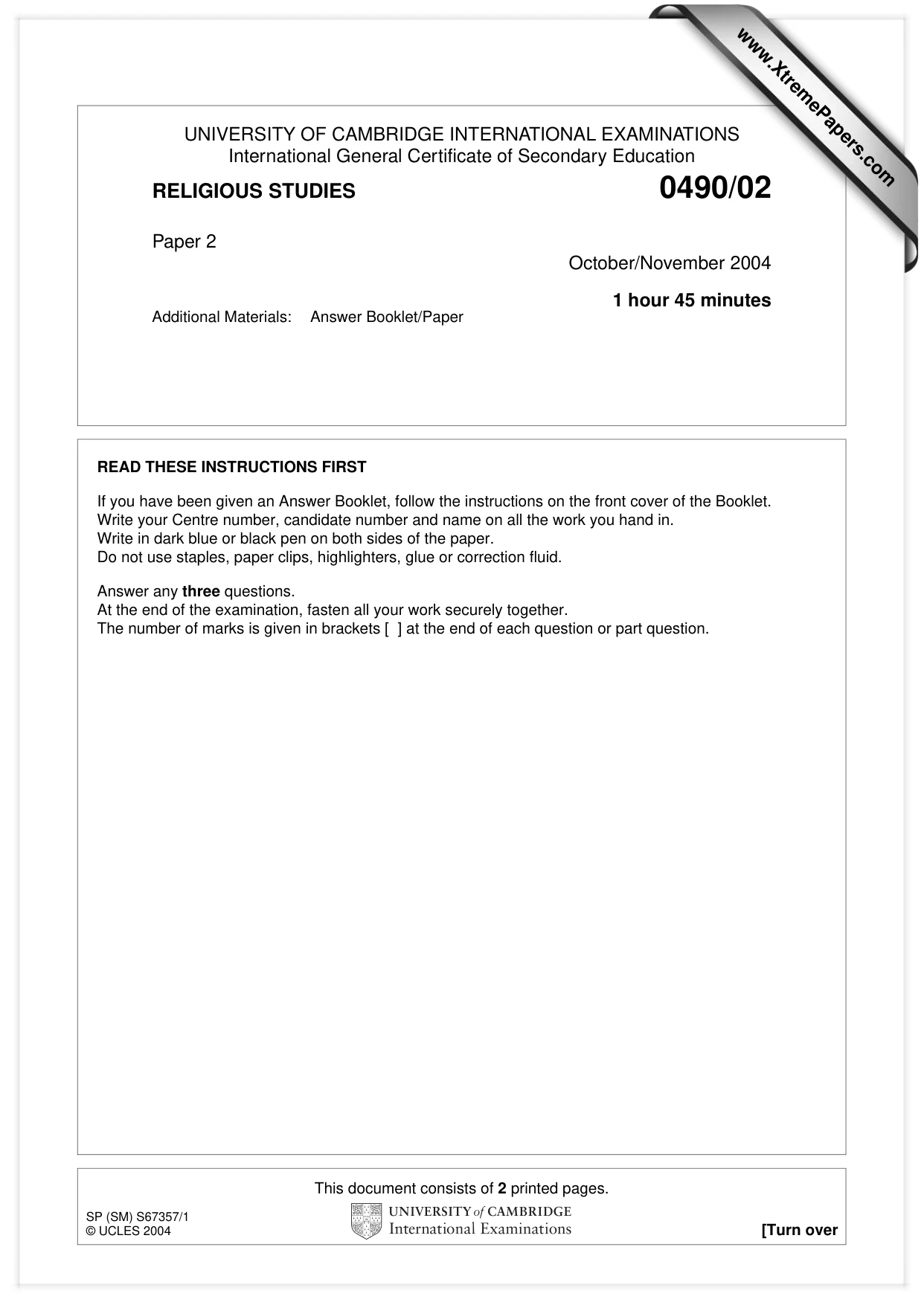 Cambridge IGCSE Religious Studies 0490 2004 Oct/Nov Paper 2 · Variant 1 question paper, page 1 of 2