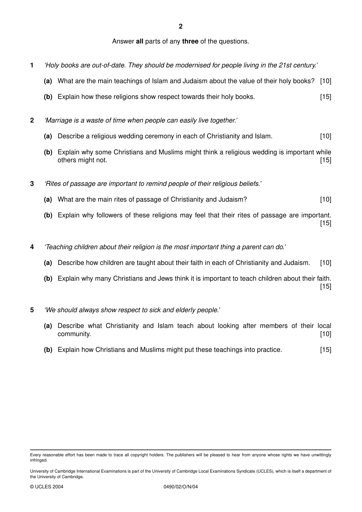 Cambridge IGCSE Religious Studies 0490 2004 Oct/Nov Paper 2 · Variant 1 question paper, page 2 of 2