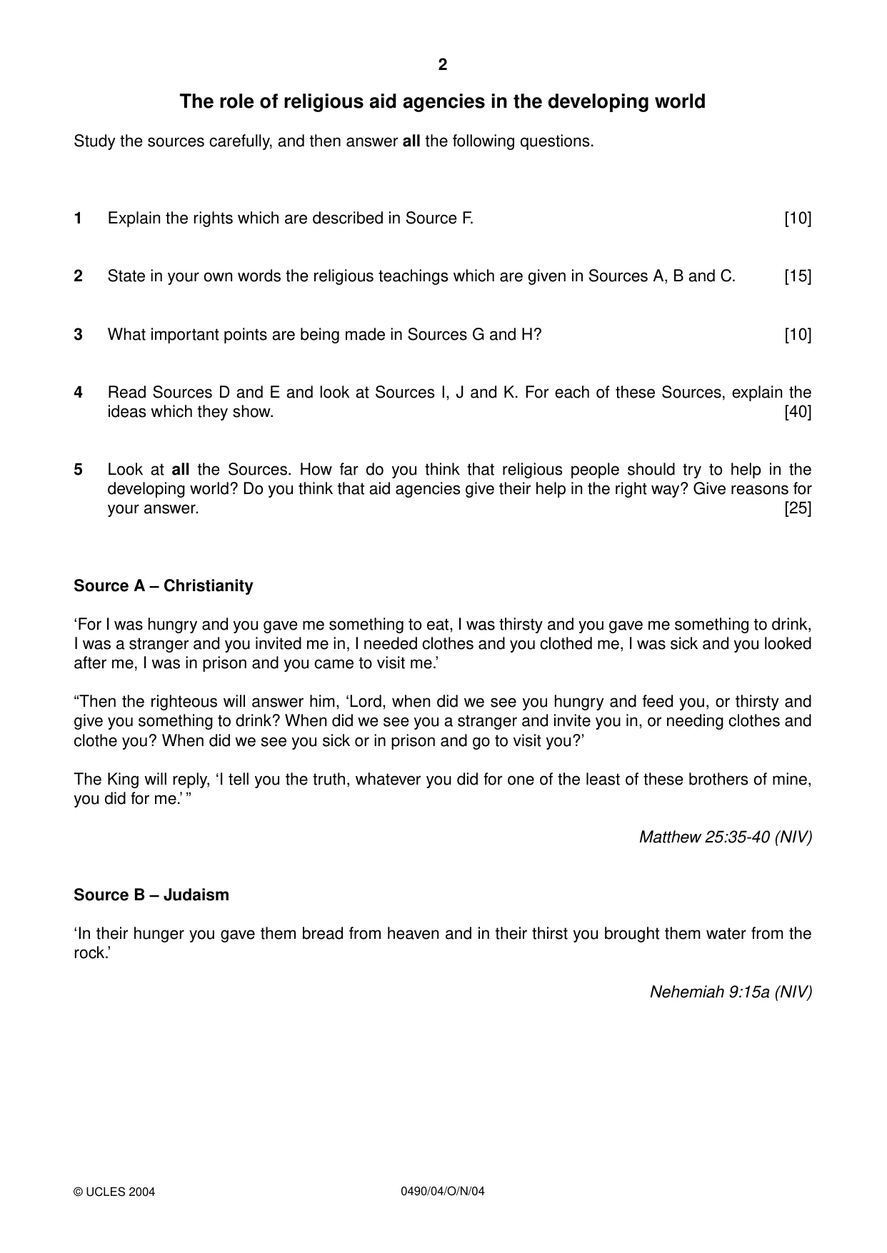 Cambridge IGCSE Religious Studies 0490 2004 Oct/Nov Paper 4 · Variant 1 question paper, page 2 of 8