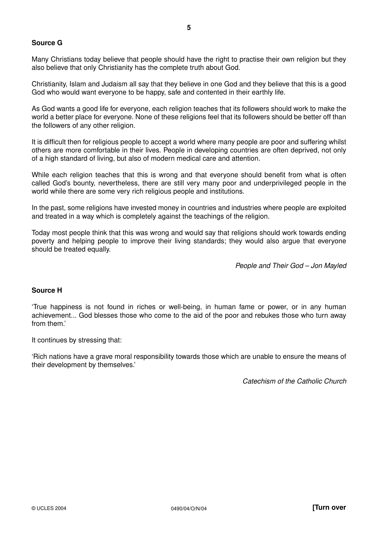 Cambridge IGCSE Religious Studies 0490 2004 Oct/Nov Paper 4 · Variant 1 question paper, page 5 of 8