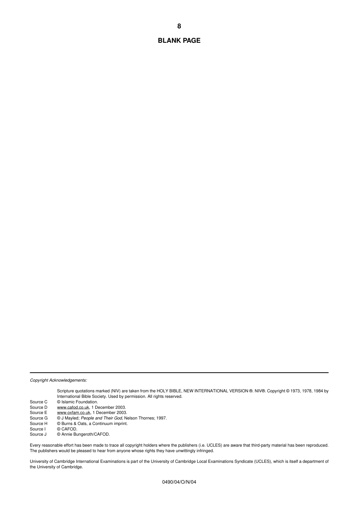 Cambridge IGCSE Religious Studies 0490 2004 Oct/Nov Paper 4 · Variant 1 question paper, page 8 of 8