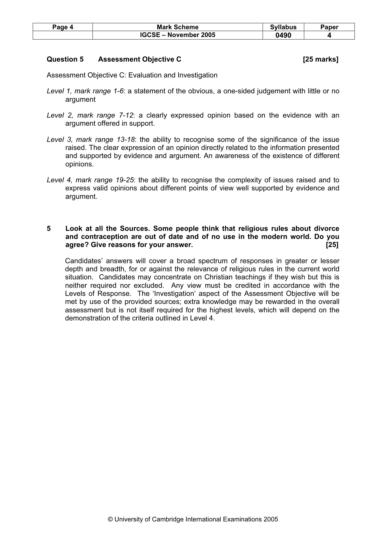 Mark scheme, page 5 of 5