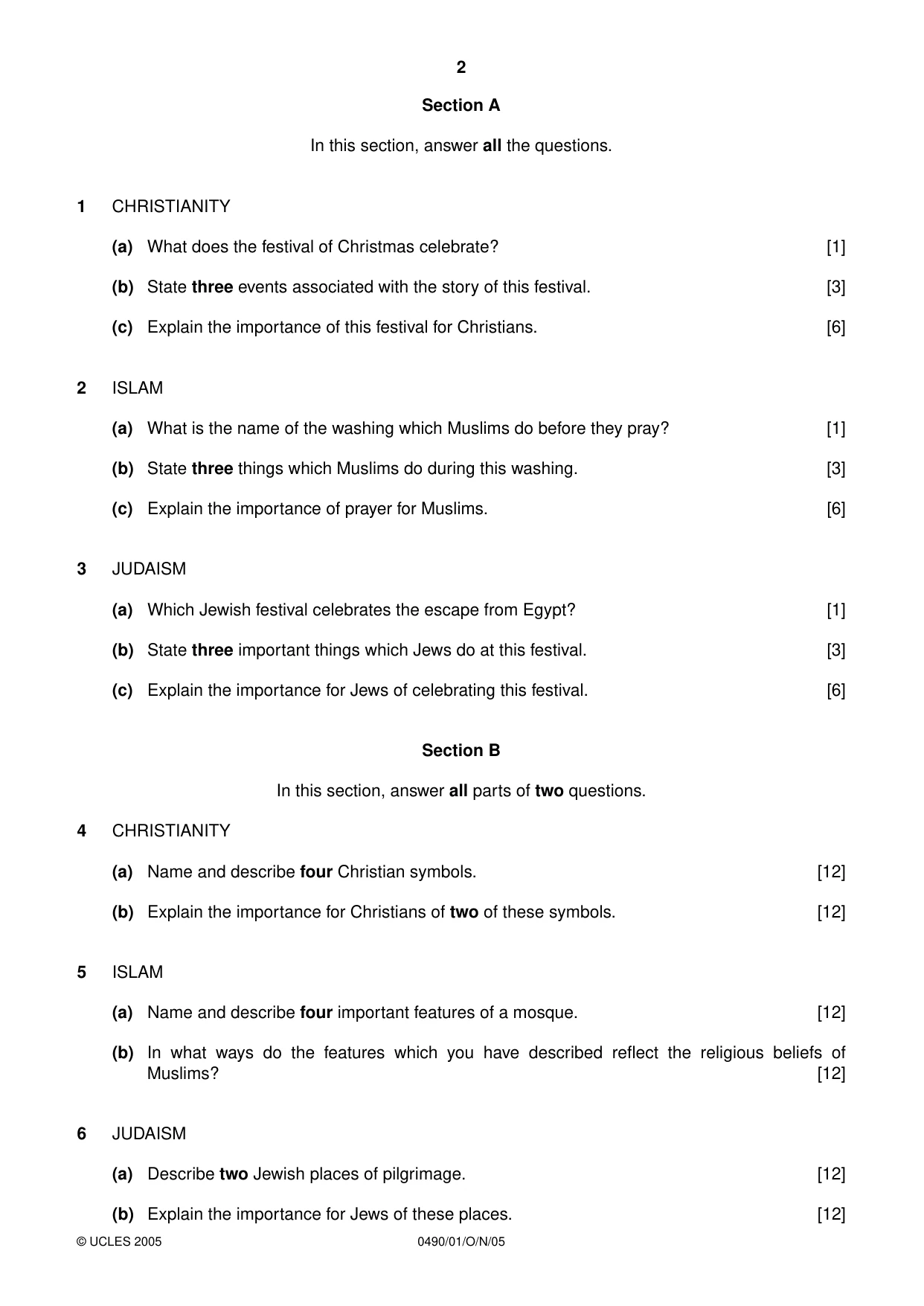 Cambridge IGCSE Religious Studies 0490 2005 Oct/Nov Paper 1 · Variant 1 question paper, page 2 of 4
