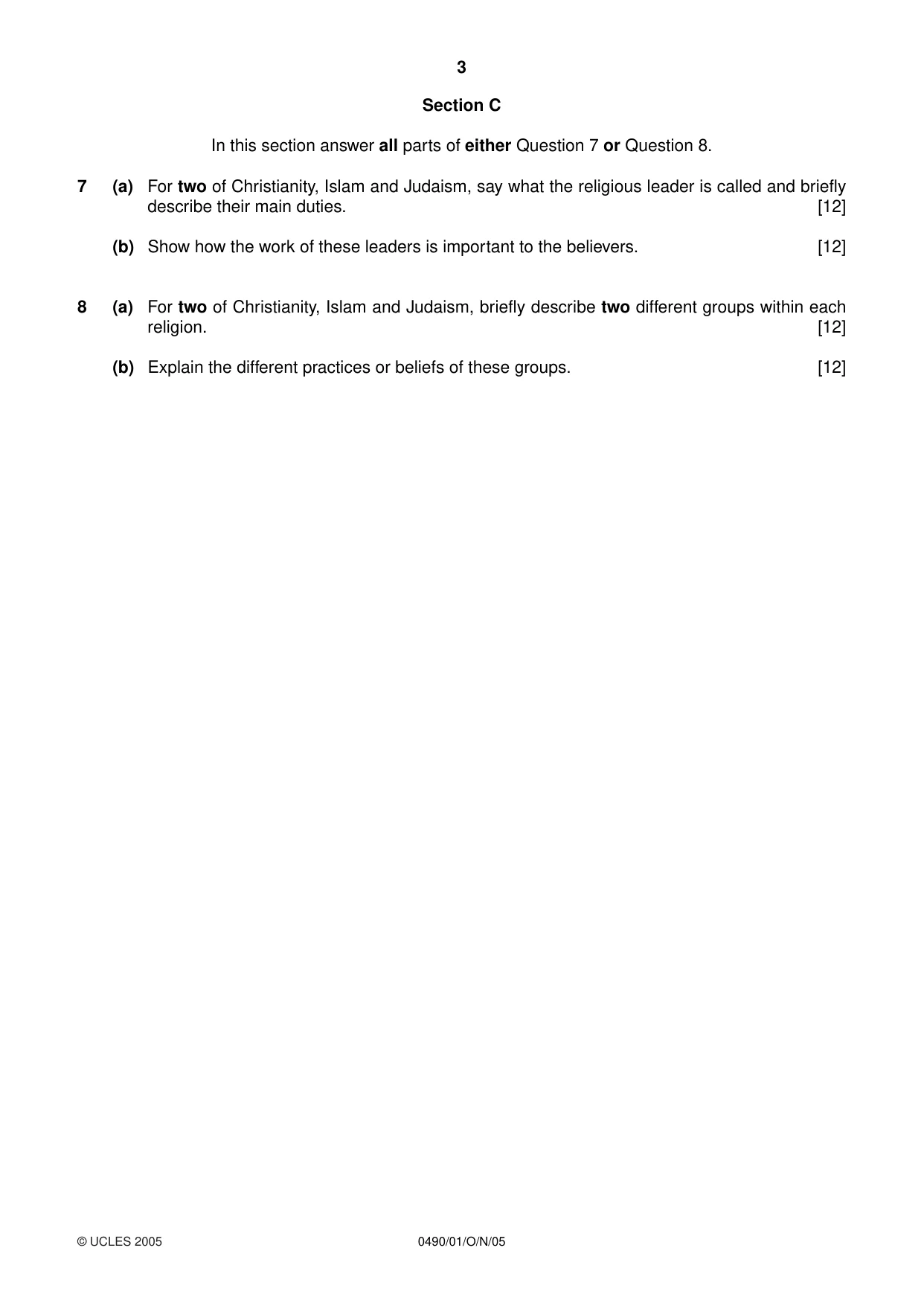 Cambridge IGCSE Religious Studies 0490 2005 Oct/Nov Paper 1 · Variant 1 question paper, page 3 of 4
