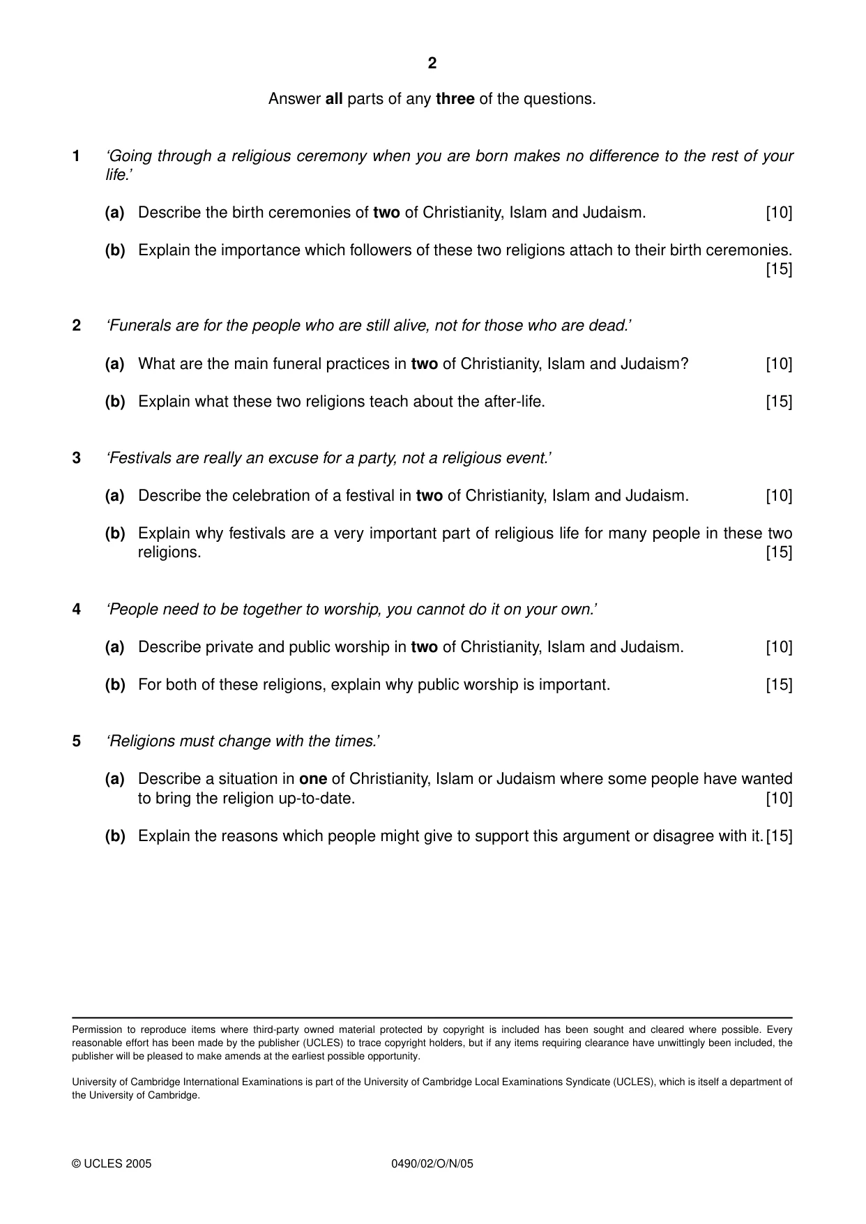 Cambridge IGCSE Religious Studies 0490 2005 Oct/Nov Paper 2 · Variant 1 question paper, page 2 of 2