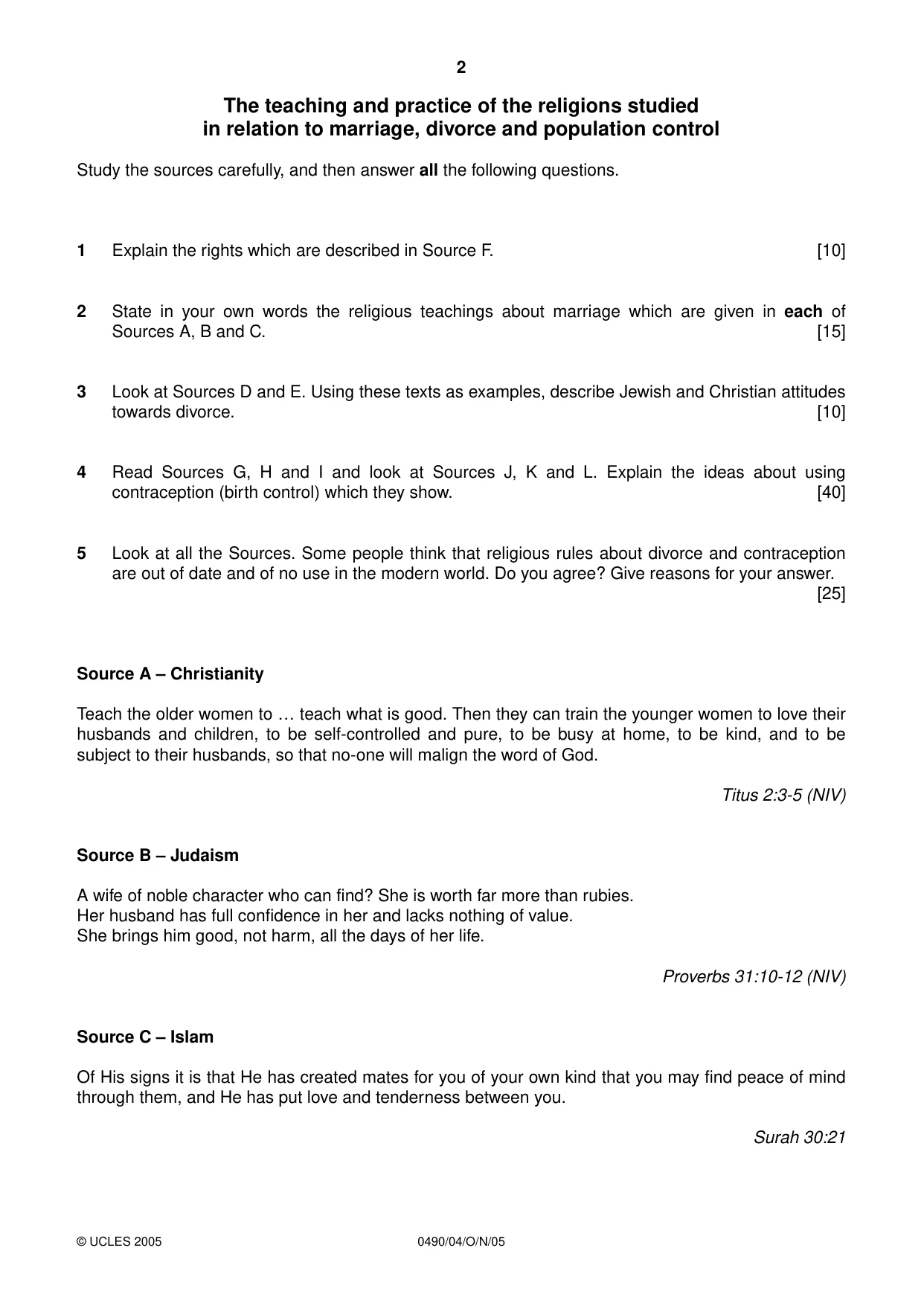 Cambridge IGCSE Religious Studies 0490 2005 Oct/Nov Paper 4 · Variant 1 question paper, page 2 of 8