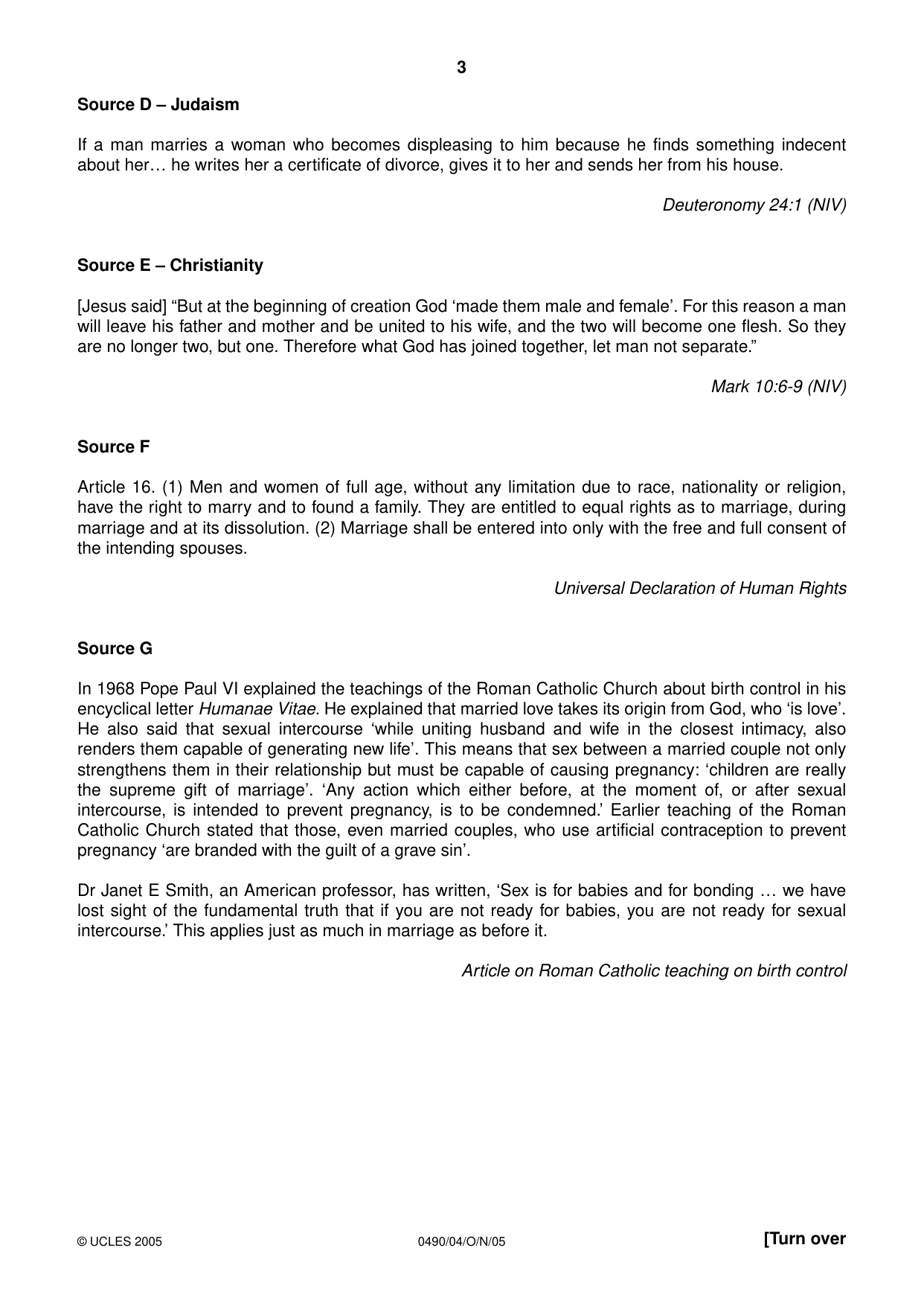 Cambridge IGCSE Religious Studies 0490 2005 Oct/Nov Paper 4 · Variant 1 question paper, page 3 of 8