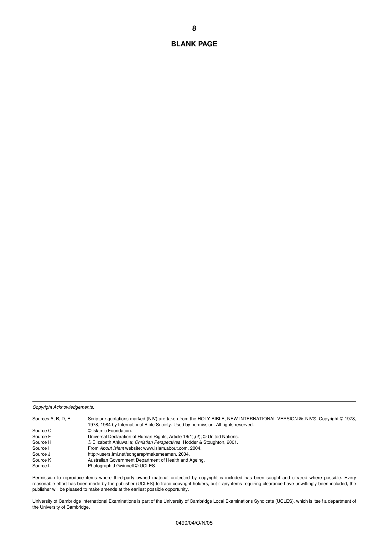 Cambridge IGCSE Religious Studies 0490 2005 Oct/Nov Paper 4 · Variant 1 question paper, page 8 of 8
