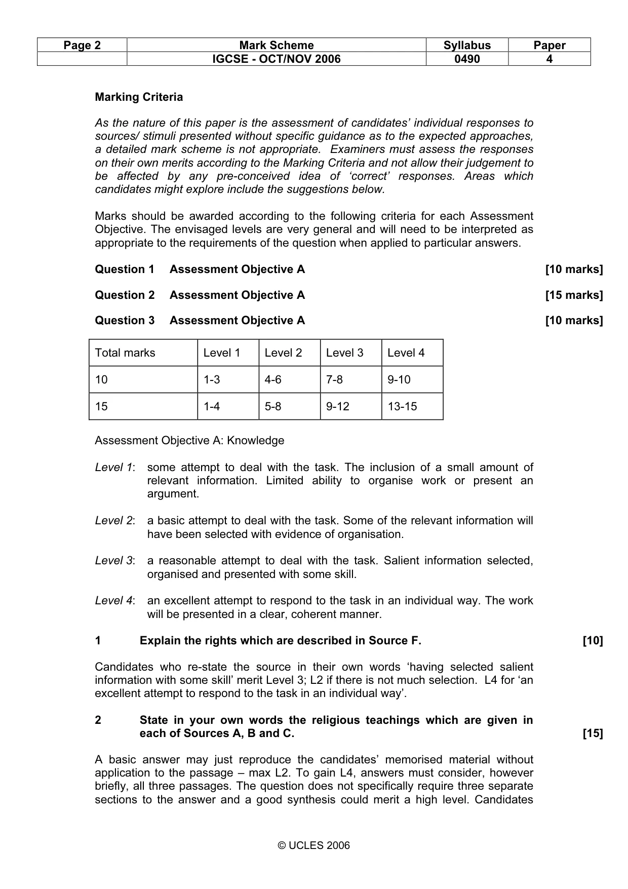 Mark scheme, page 2 of 4