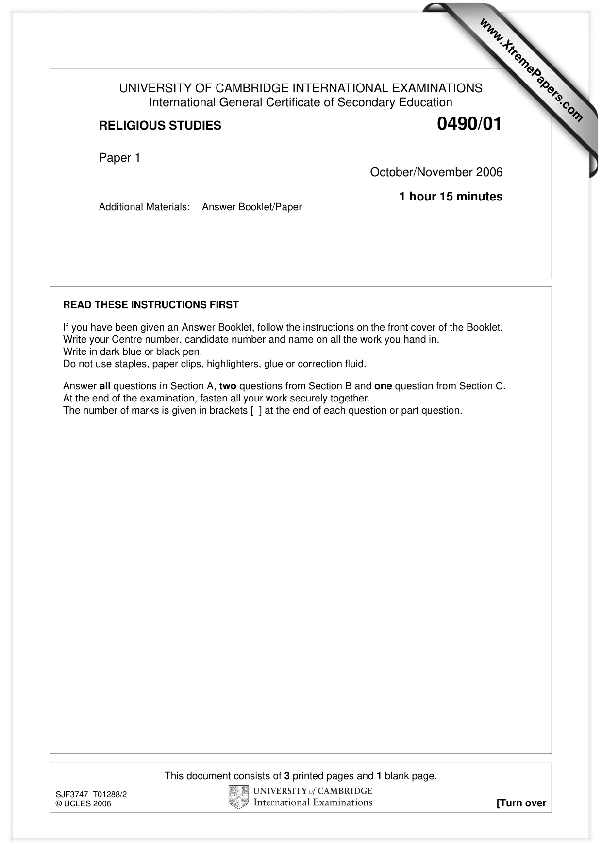 Cambridge IGCSE Religious Studies 0490 2006 Oct/Nov Paper 1 · Variant 1 question paper, page 1 of 4