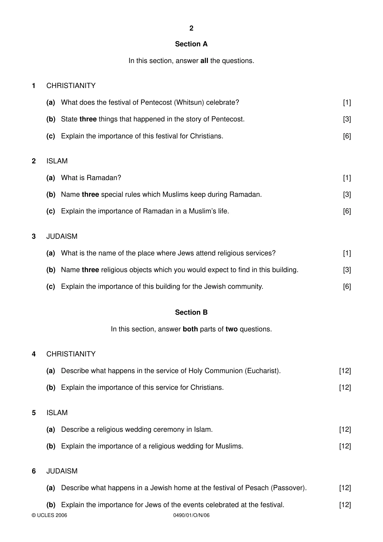 Cambridge IGCSE Religious Studies 0490 2006 Oct/Nov Paper 1 · Variant 1 question paper, page 2 of 4