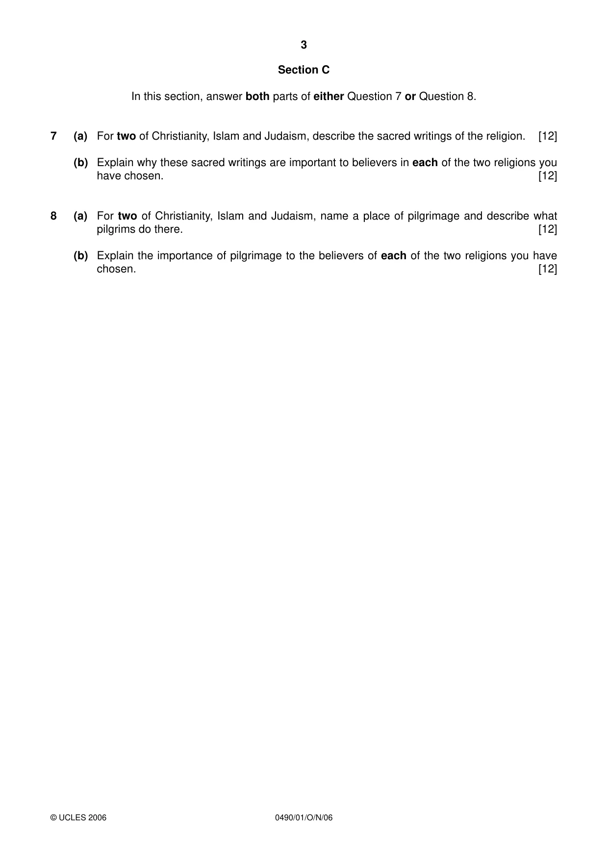 Cambridge IGCSE Religious Studies 0490 2006 Oct/Nov Paper 1 · Variant 1 question paper, page 3 of 4