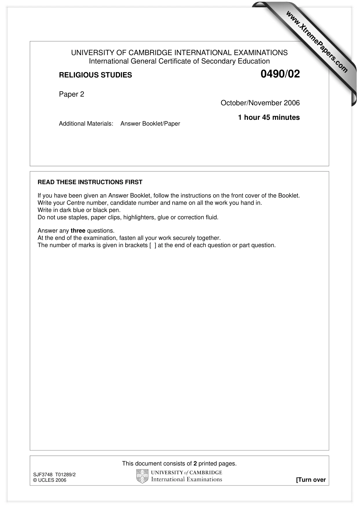 Cambridge IGCSE Religious Studies 0490 2006 Oct/Nov Paper 2 · Variant 1 question paper, page 1 of 2