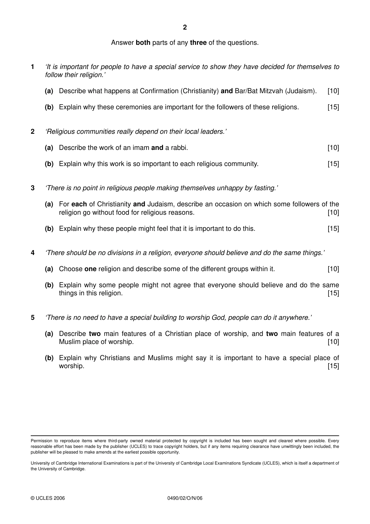 Cambridge IGCSE Religious Studies 0490 2006 Oct/Nov Paper 2 · Variant 1 question paper, page 2 of 2