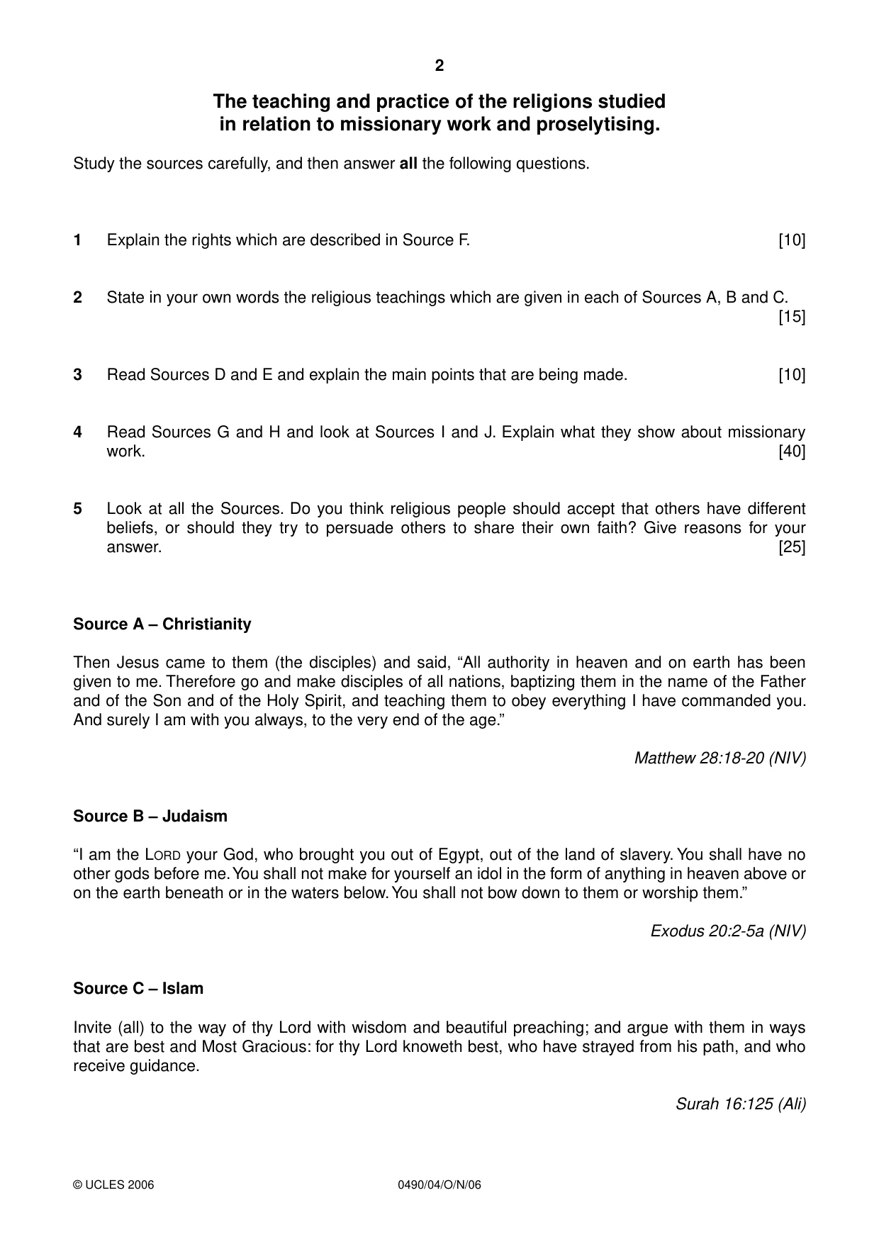 Cambridge IGCSE Religious Studies 0490 2006 Oct/Nov Paper 4 · Variant 1 question paper, page 2 of 4