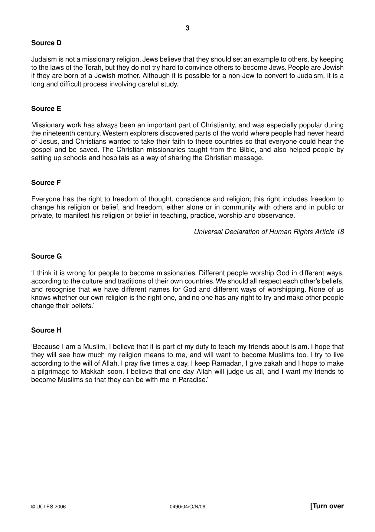 Cambridge IGCSE Religious Studies 0490 2006 Oct/Nov Paper 4 · Variant 1 question paper, page 3 of 4