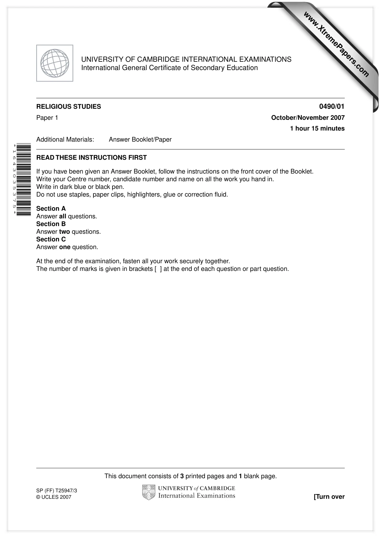 Cambridge IGCSE Religious Studies 0490 2007 Oct/Nov Paper 1 · Variant 1 question paper, page 1 of 4