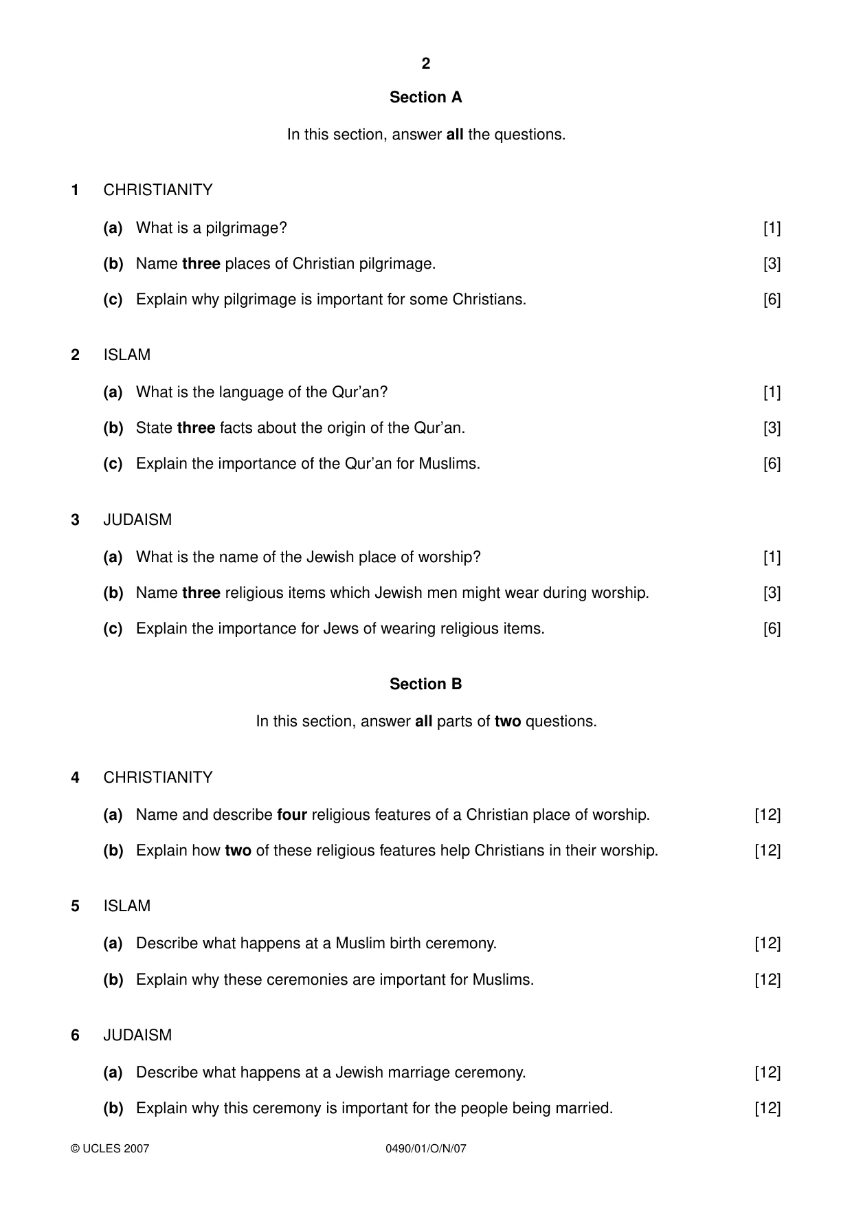 Cambridge IGCSE Religious Studies 0490 2007 Oct/Nov Paper 1 · Variant 1 question paper, page 2 of 4